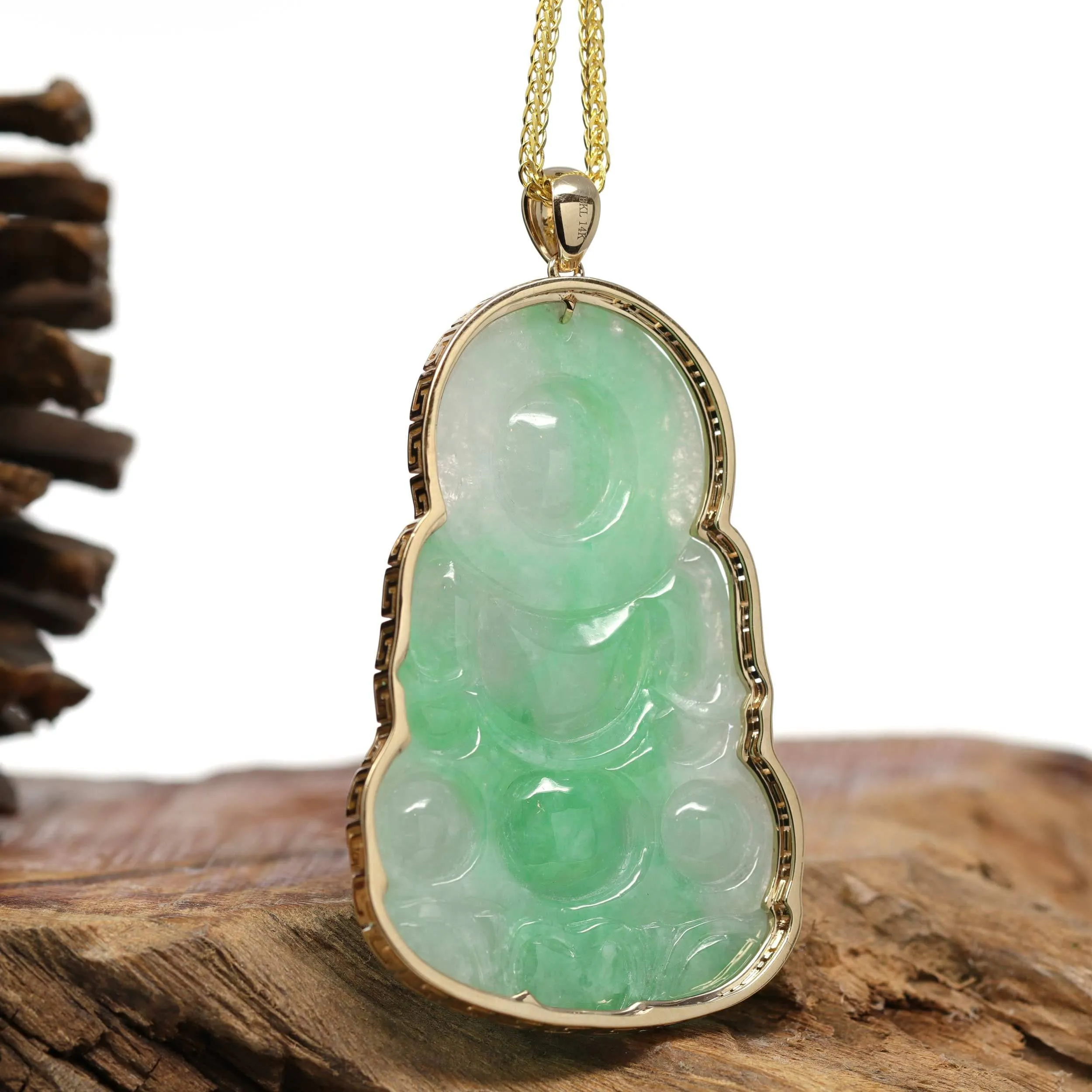 "Goddess of Compassion" 14k Yellow Gold Genuine Burmese Jadeite Jade Guanyin Necklace