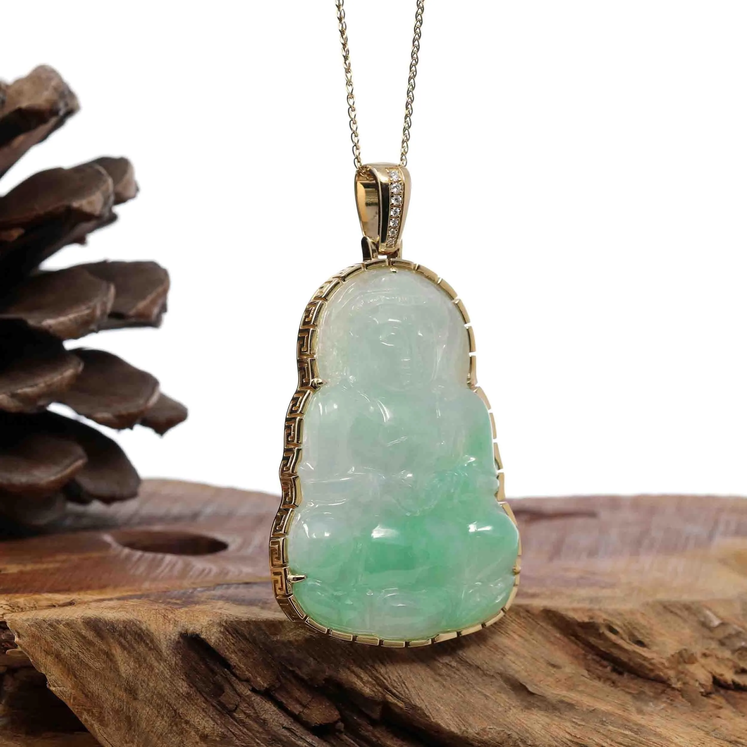 "Goddess of Compassion" 14k Yellow Gold Genuine Burmese Jadeite Jade Guanyin Necklace