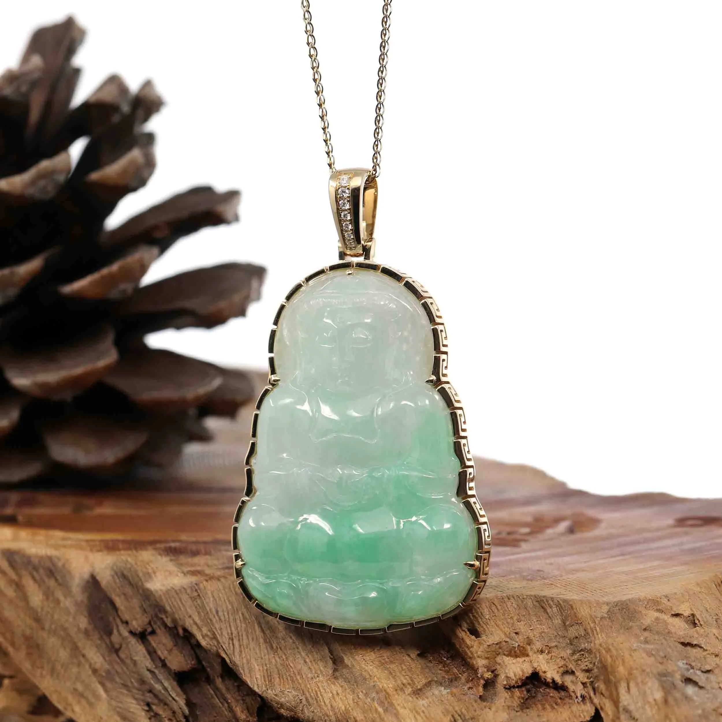 "Goddess of Compassion" 14k Yellow Gold Genuine Burmese Jadeite Jade Guanyin Necklace