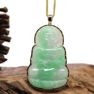 "Goddess of Compassion" 14k Yellow Gold Genuine Burmese Jadeite Jade Guanyin Necklace