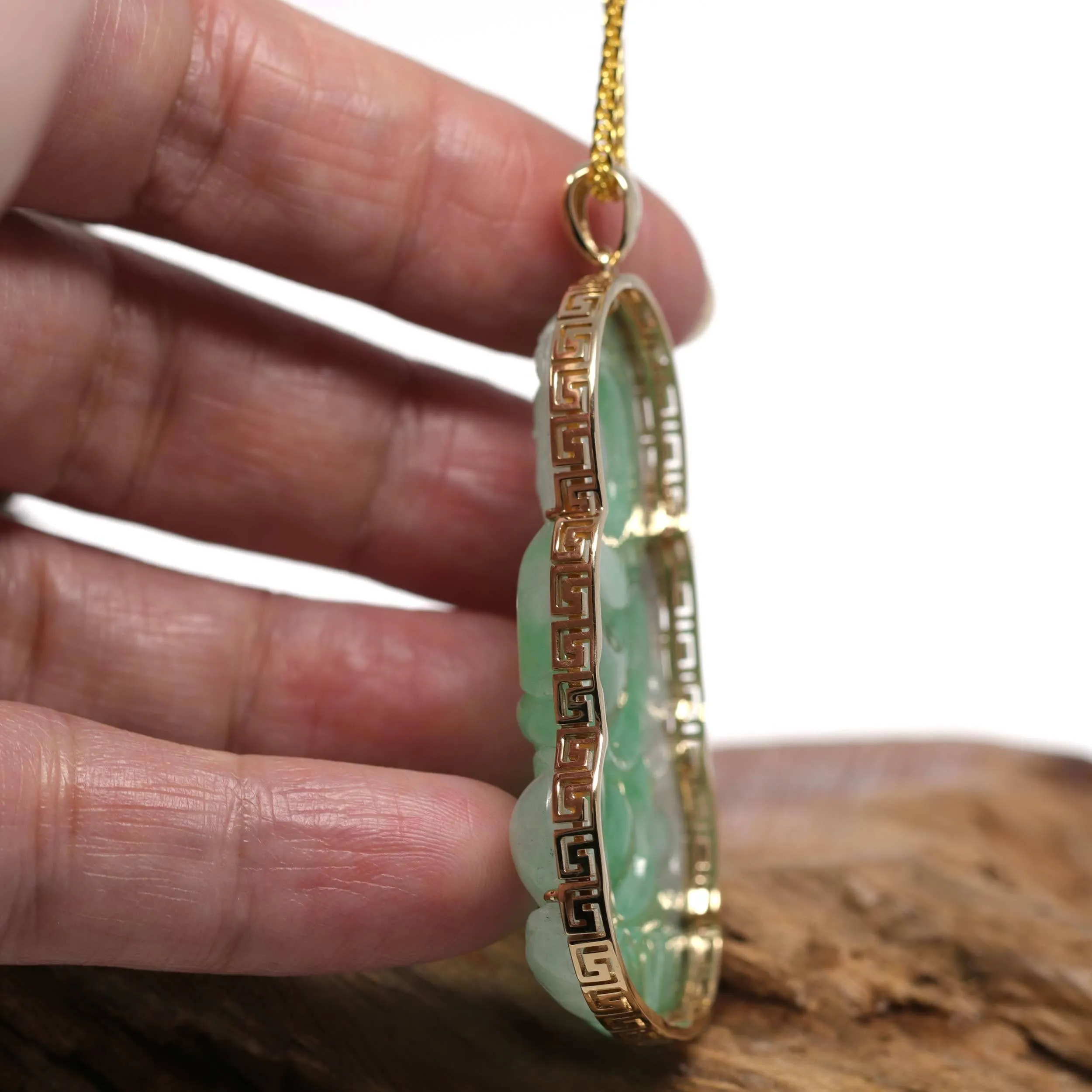 "Goddess of Compassion" 14k Yellow Gold Genuine Burmese Jadeite Jade Guanyin Necklace