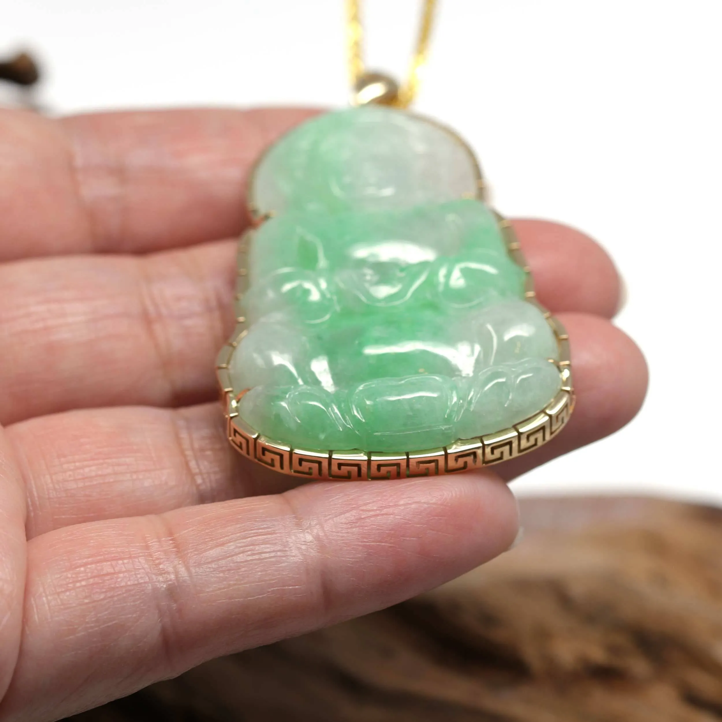 "Goddess of Compassion" 14k Yellow Gold Genuine Burmese Jadeite Jade Guanyin Necklace