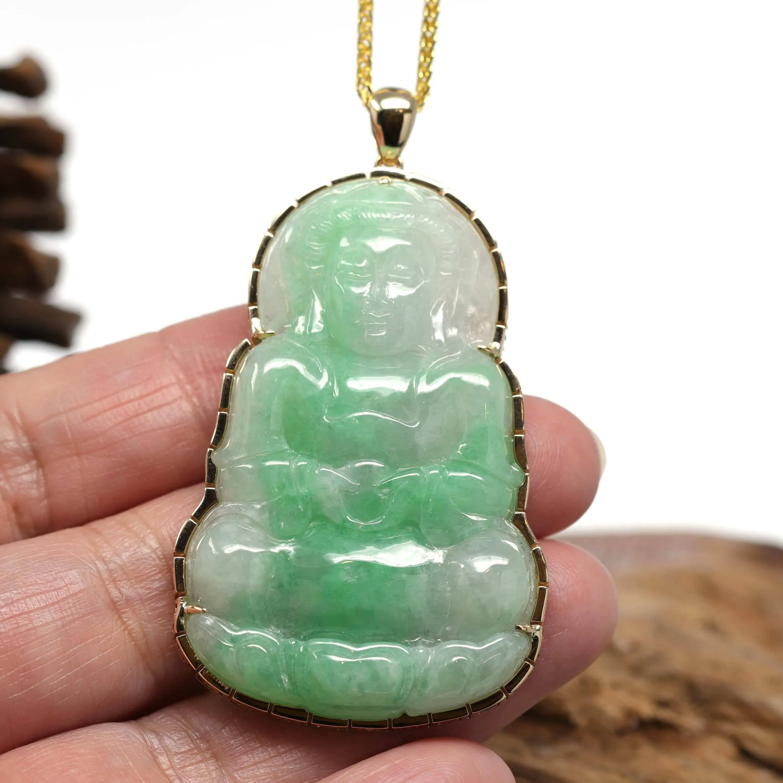 "Goddess of Compassion" 14k Yellow Gold Genuine Burmese Jadeite Jade Guanyin Necklace