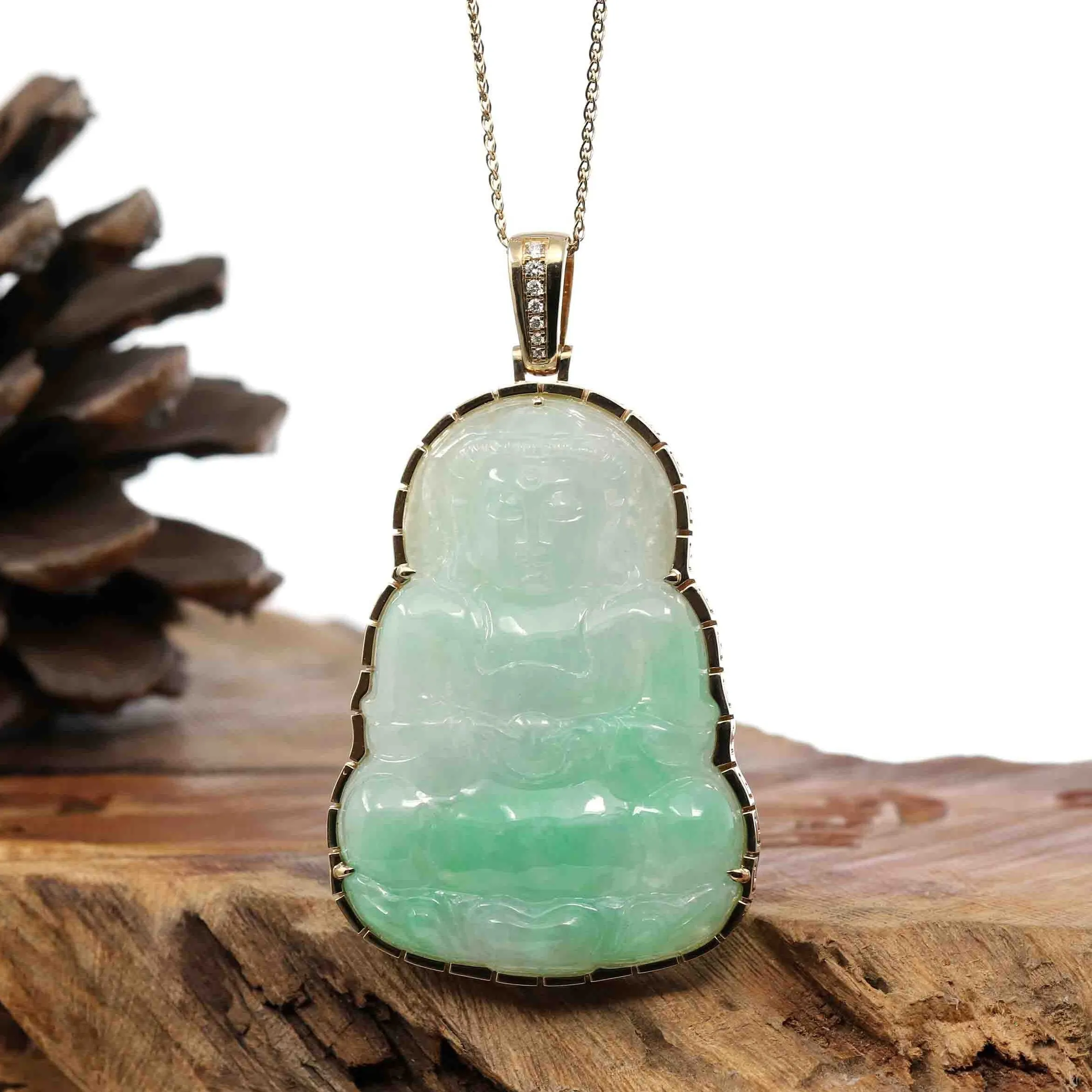 "Goddess of Compassion" 14k Yellow Gold Genuine Burmese Jadeite Jade Guanyin Necklace