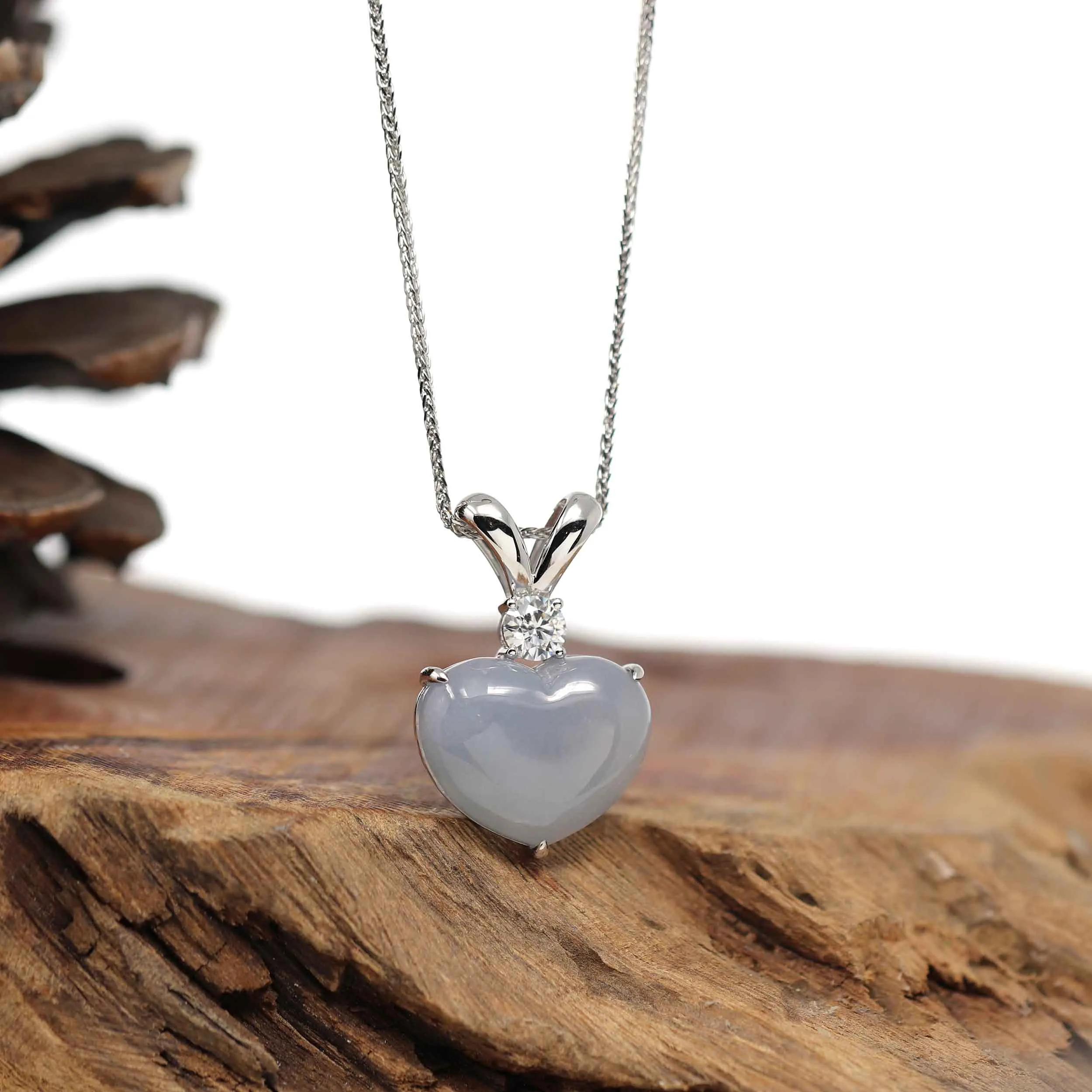 RealJade® Co. 14K Gold Genuine Burmese Grey Jadeite Jade Heart Pendant with Moissanite