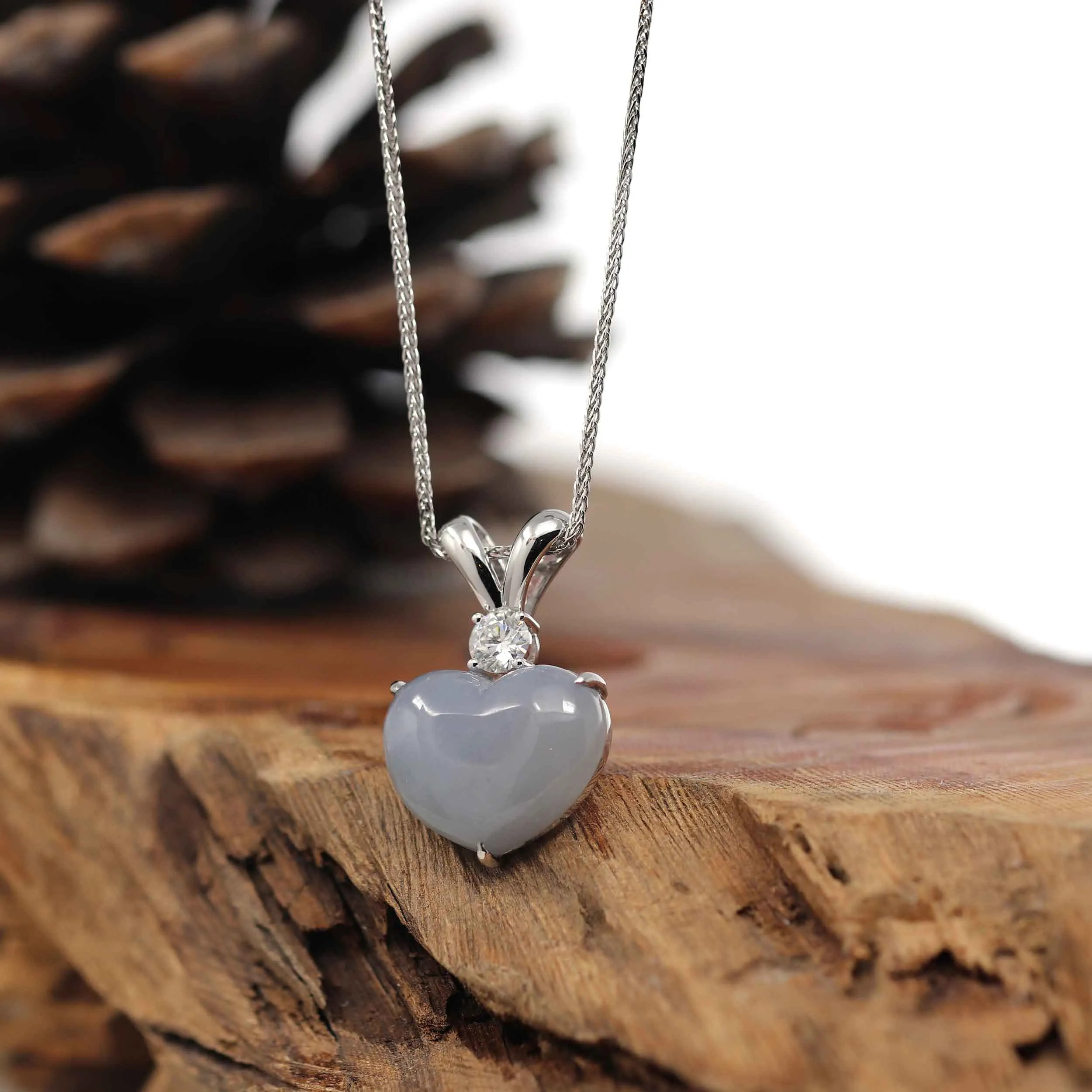 RealJade® Co. 14K Gold Genuine Burmese Grey Jadeite Jade Heart Pendant with Moissanite