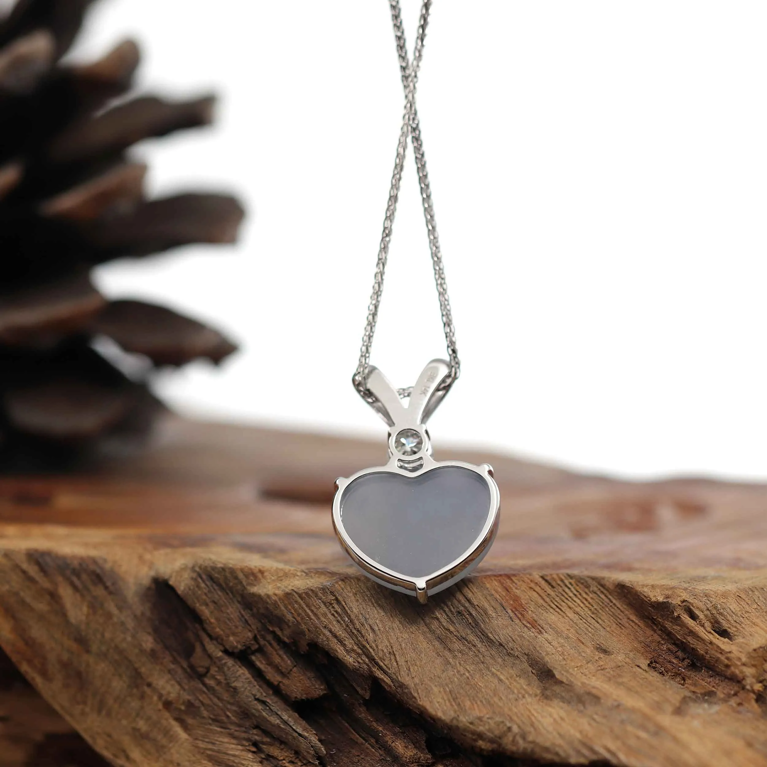 RealJade® Co. 14K Gold Genuine Burmese Grey Jadeite Jade Heart Pendant with Moissanite