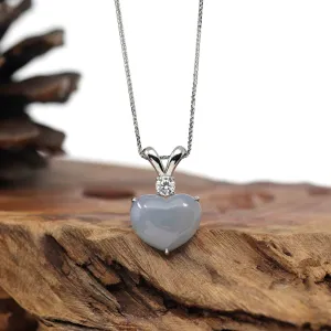 RealJade® Co. 14K Gold Genuine Burmese Grey Jadeite Jade Heart Pendant with Moissanite