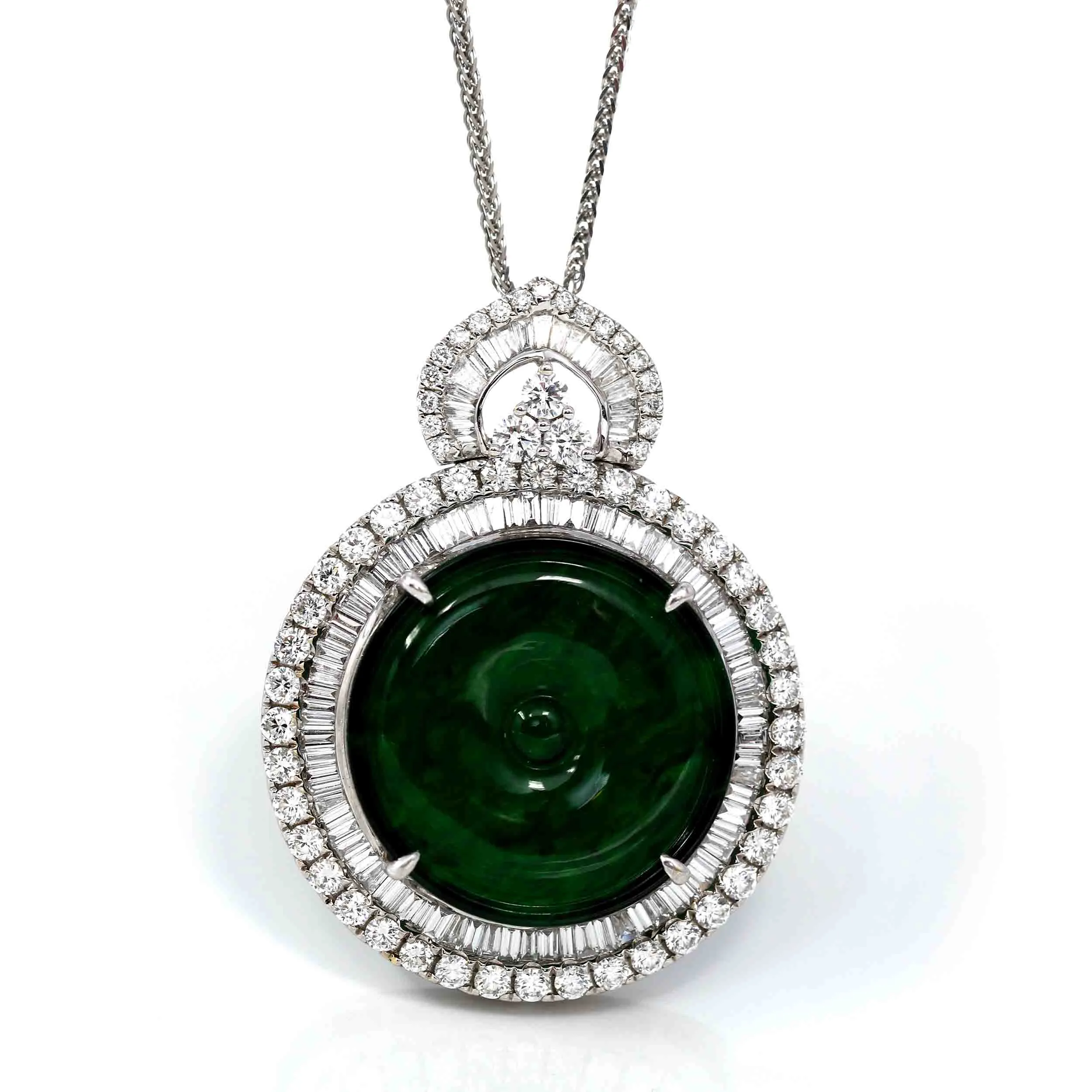 RealJade® Co. 18K White Gold Genuine Luxury Imperial Jadeite KouKou Pendant with Diamonds