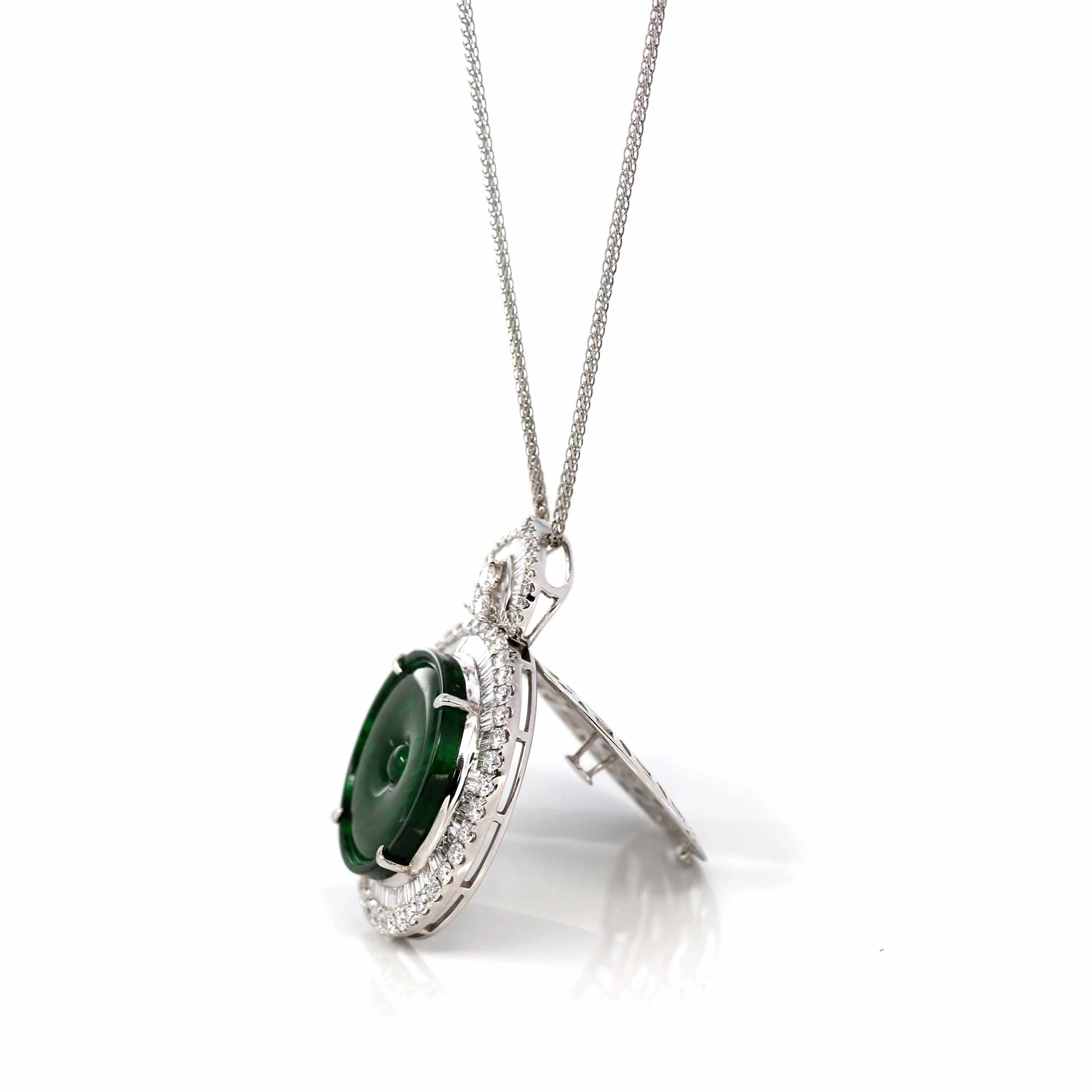RealJade® Co. 18K White Gold Genuine Luxury Imperial Jadeite KouKou Pendant with Diamonds