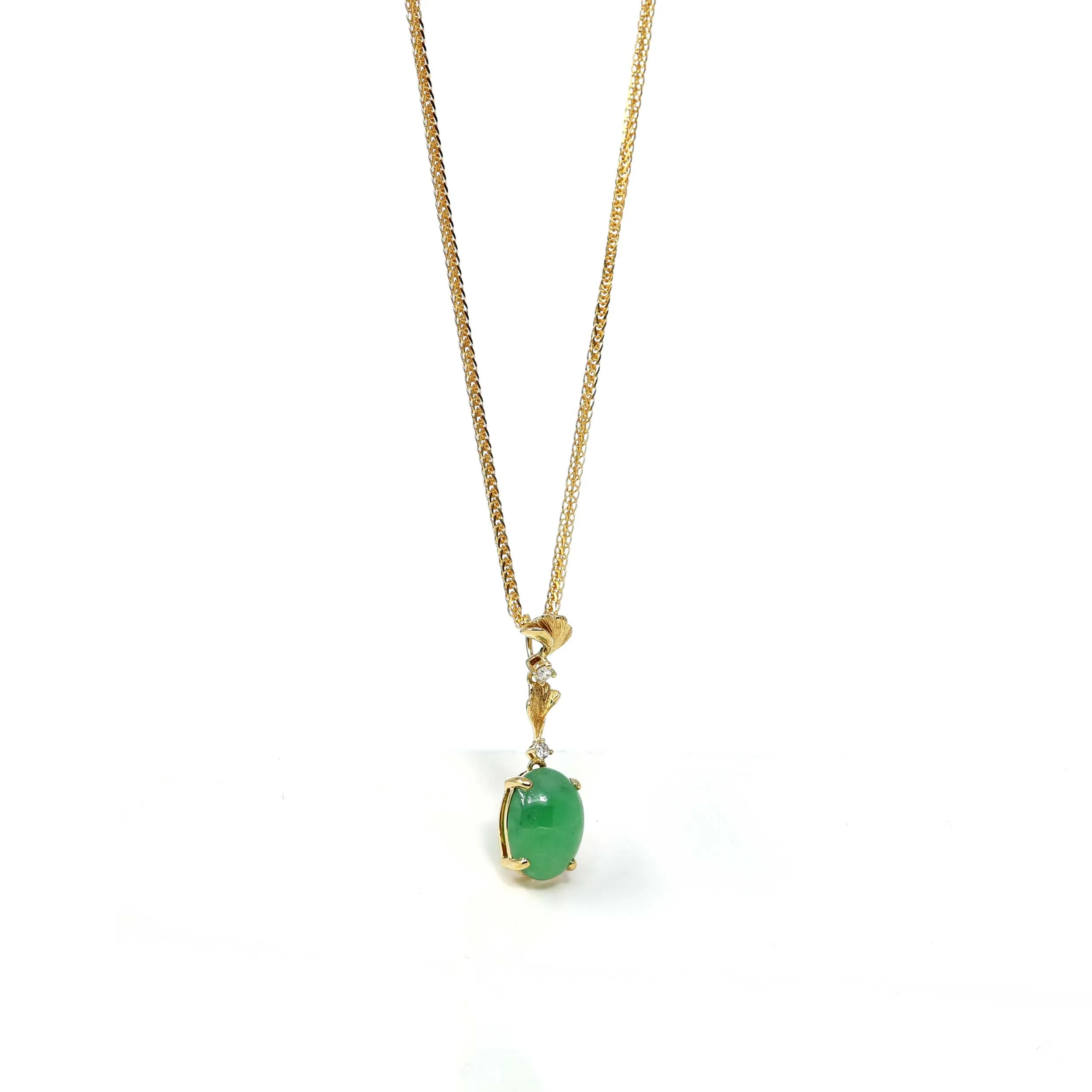 RealJade® Co. 18k Yellow Gold Jadeite Jade Ginkgo Leaf Pendant Necklace with Diamond