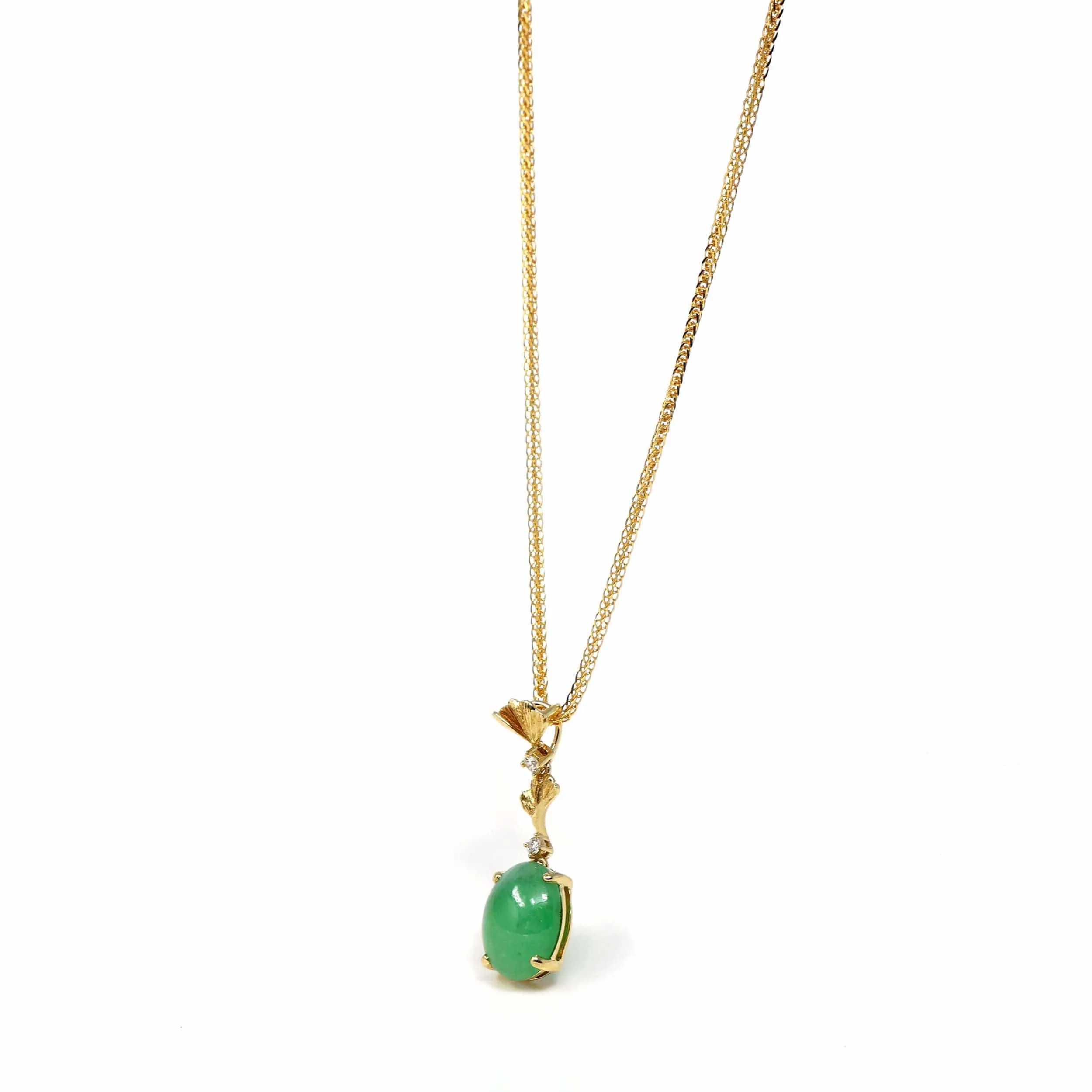 RealJade® Co. 18k Yellow Gold Jadeite Jade Ginkgo Leaf Pendant Necklace with Diamond