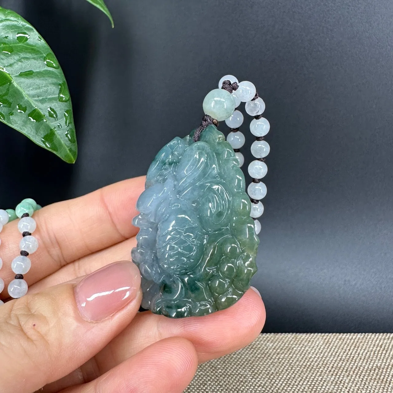 RealJade® Co.  Genuine Burmese Jadeite Jade  Fish and Lotus Pendant Necklace