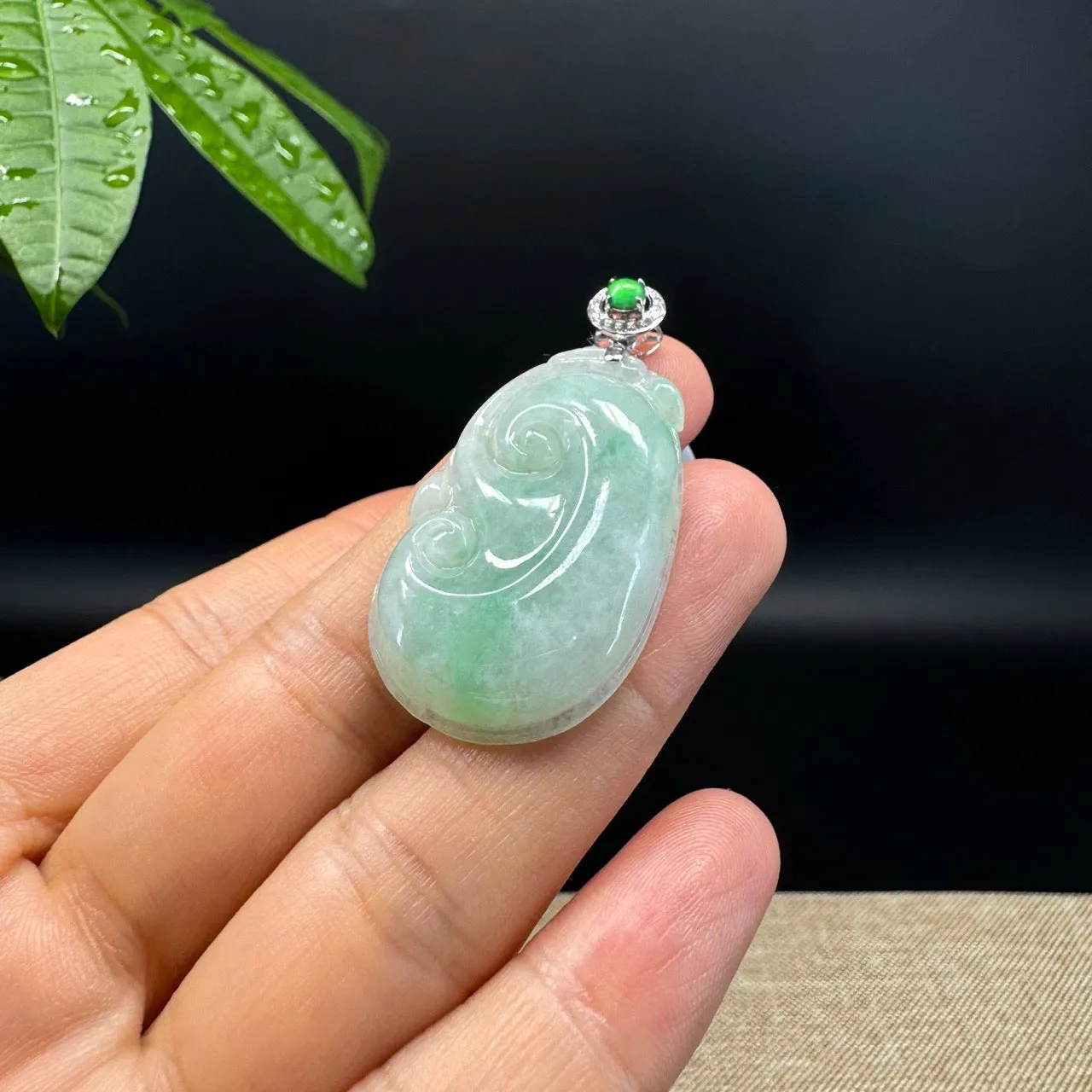RealJade® Co. Genuine Green Jadeite Jade Good Luck RuYi Necklace With 18K  White Gold Bail