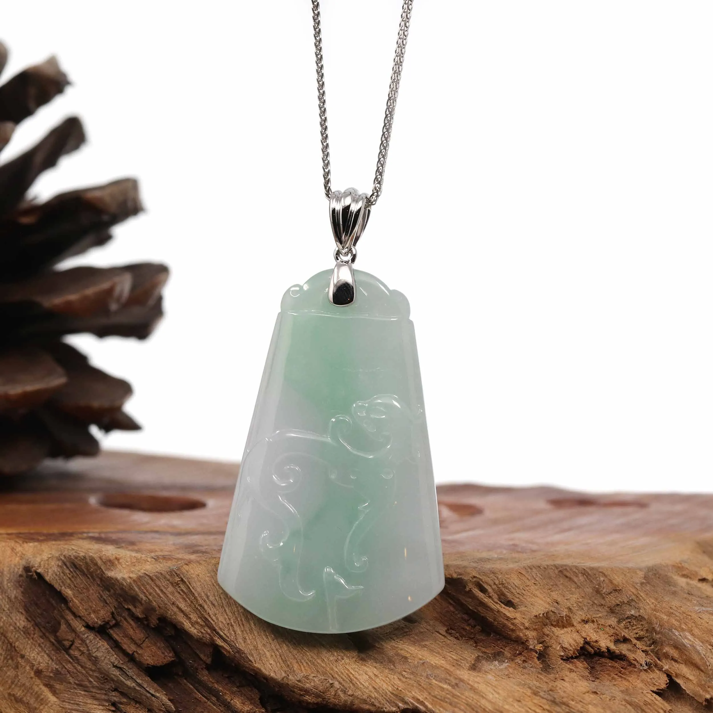 RealJade® Co. Genuine Green Jadeite Jade " Ping An Wu Shi Pai "  Pendant With Gold Bail