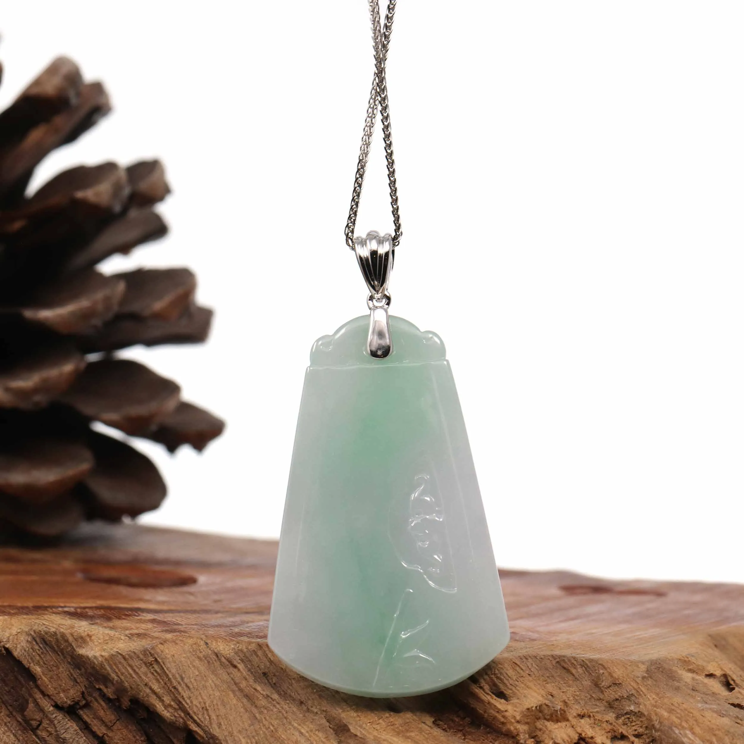 RealJade® Co. Genuine Green Jadeite Jade " Ping An Wu Shi Pai "  Pendant With Gold Bail