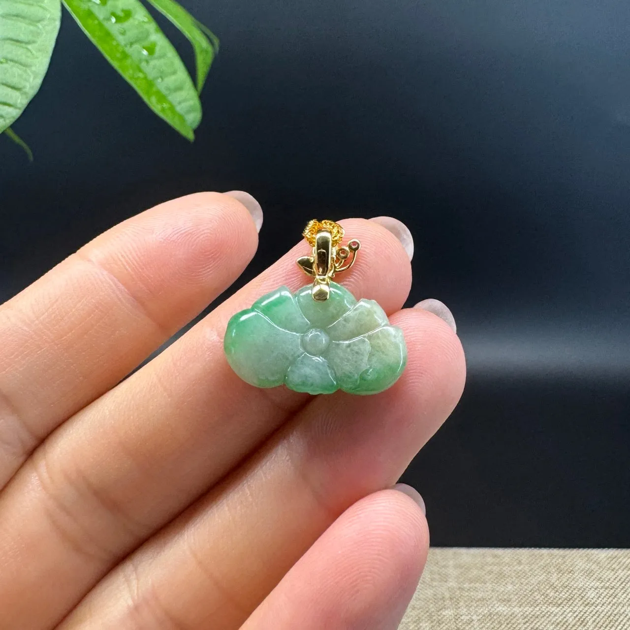 RealJade® Co. Genuine Ice Green  Jadeite Jade Good Lotus Necklace With 18K Yellow Gold Bail