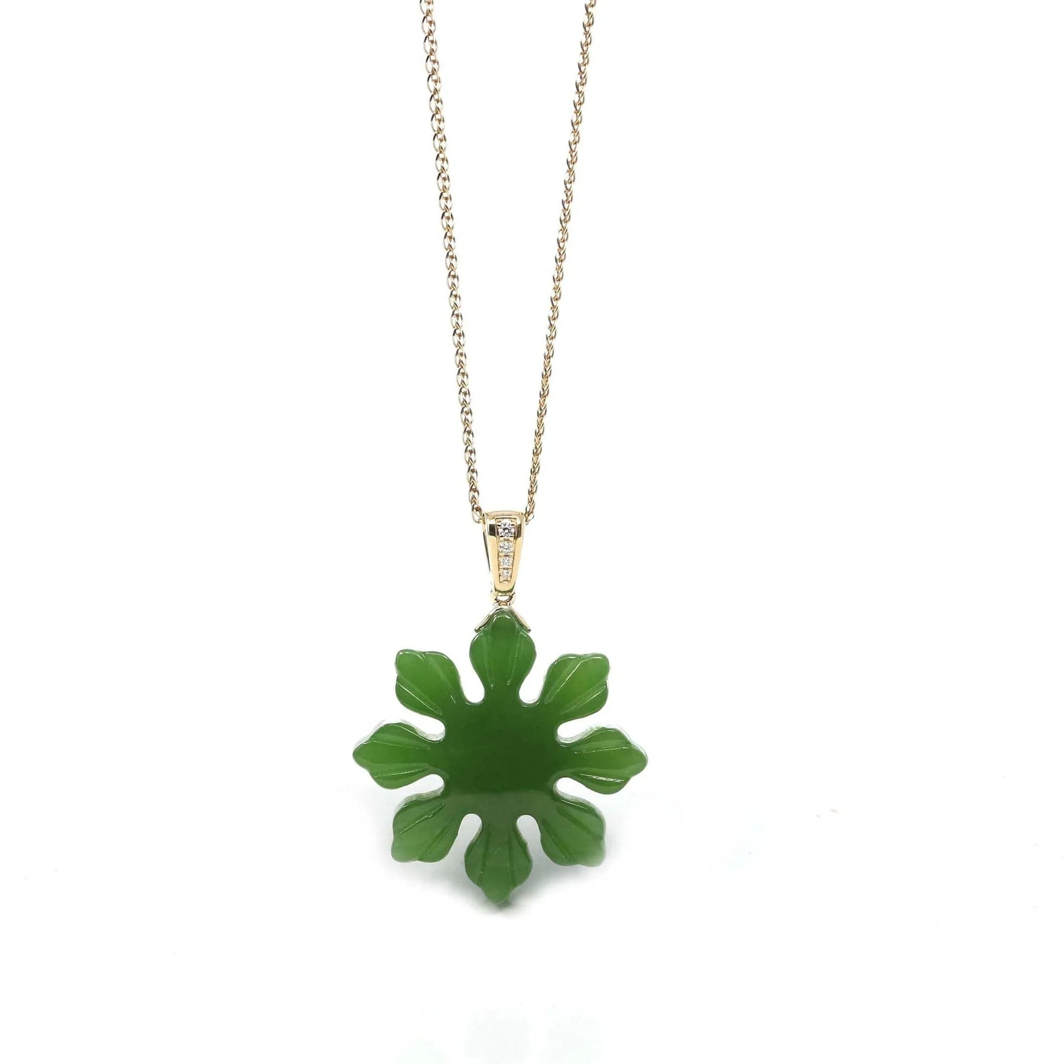 RealJade® Co. " Philippines sunflower" 14k Yellow Gold Genuine Nephrite Green Jade Pendant Necklace