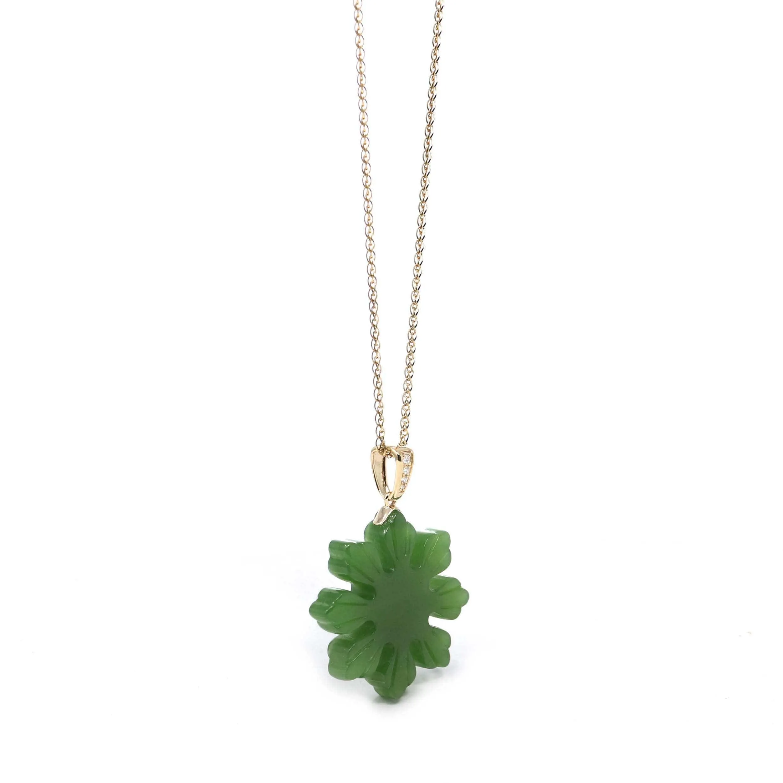 RealJade® Co. " Philippines sunflower" 14k Yellow Gold Genuine Nephrite Green Jade Pendant Necklace