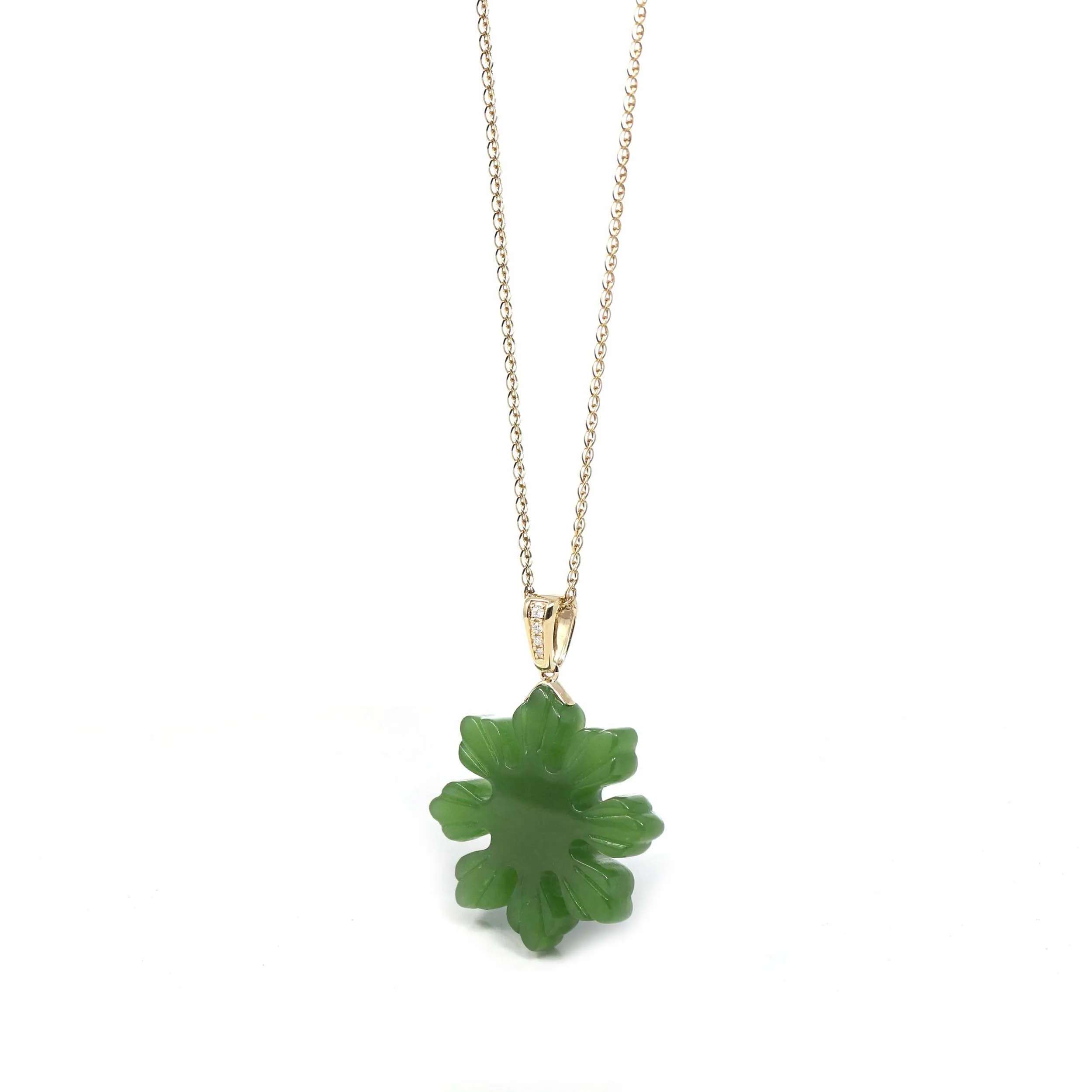 RealJade® Co. " Philippines sunflower" 14k Yellow Gold Genuine Nephrite Green Jade Pendant Necklace
