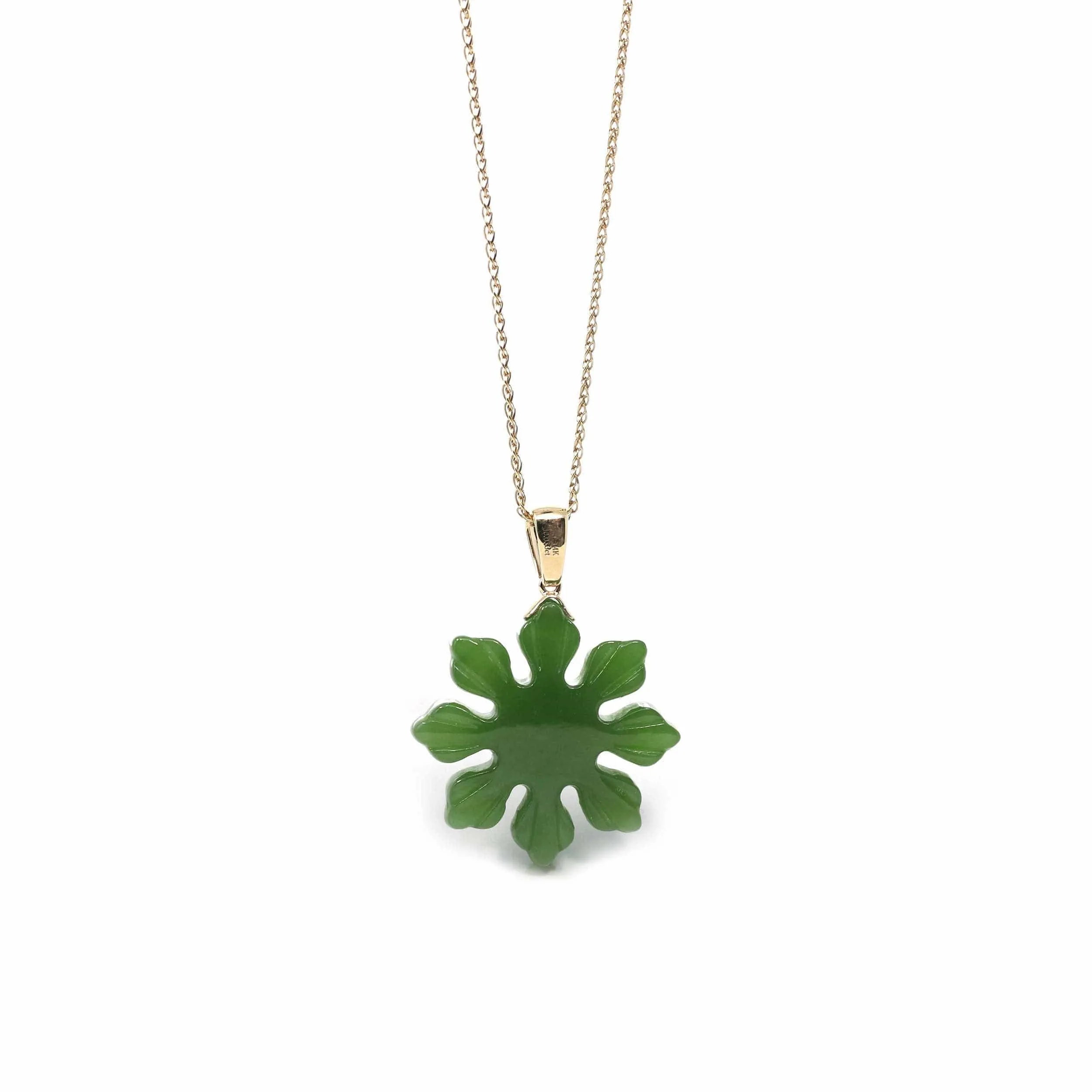 RealJade® Co. " Philippines sunflower" 14k Yellow Gold Genuine Nephrite Green Jade Pendant Necklace