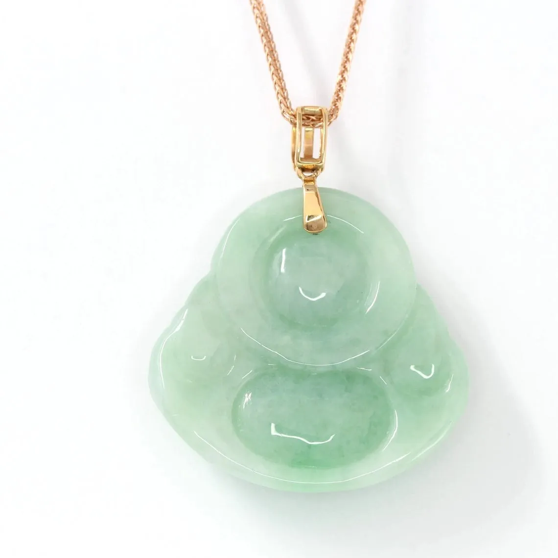 RealJade® Laughing Buddha 18k Rose Gold Natural Burmese Jadeite Jade Buddha Necklace With Genuine Diamonds (Hand Carved)