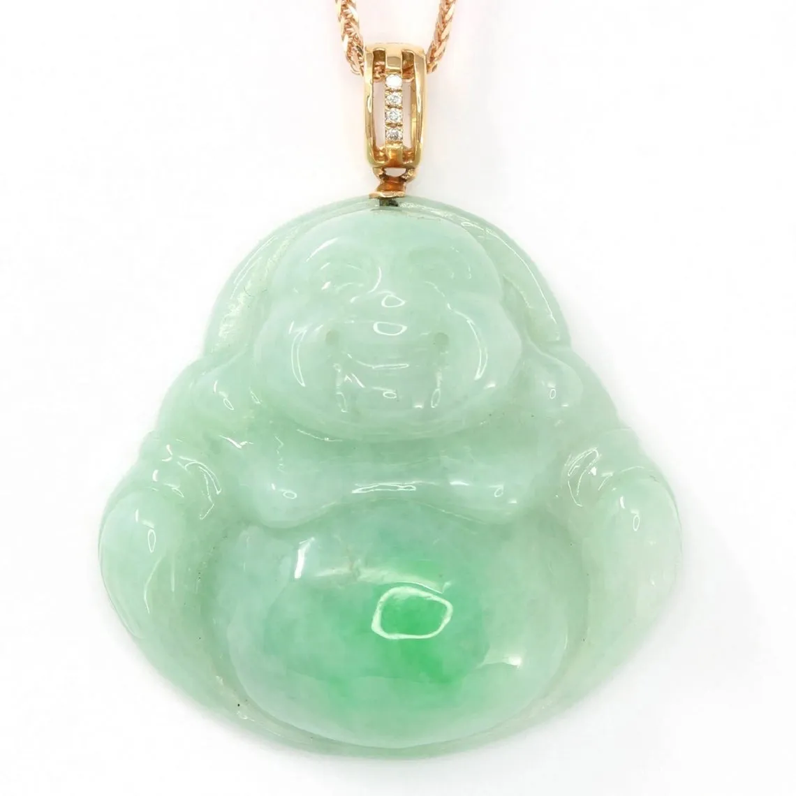 RealJade® Laughing Buddha 18k Rose Gold Natural Burmese Jadeite Jade Buddha Necklace With Genuine Diamonds (Hand Carved)