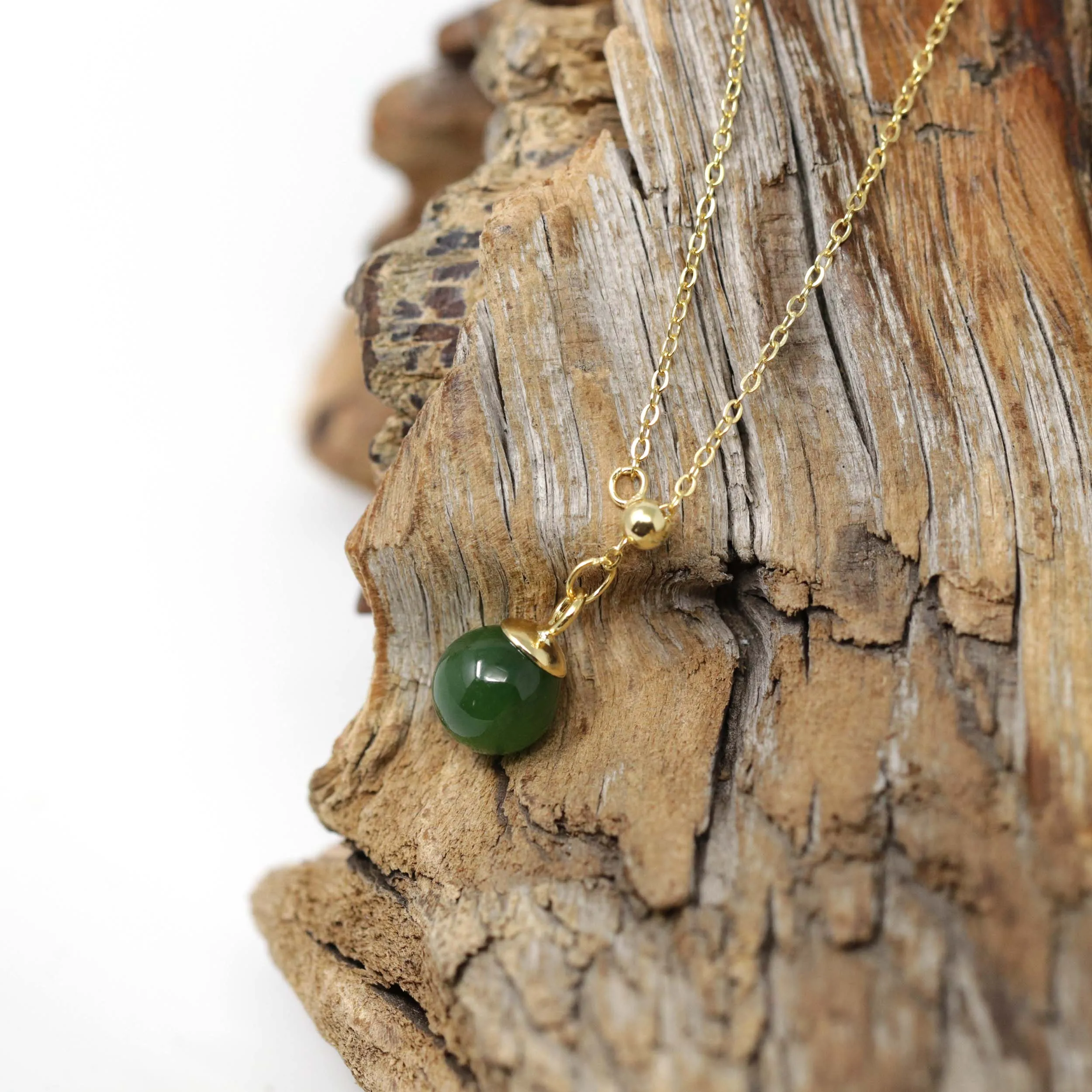 RealJade® "Classic Dangle" Gold plated Silver Nephrite Green Jade Classic Bead Adjustable  Pendant Necklace