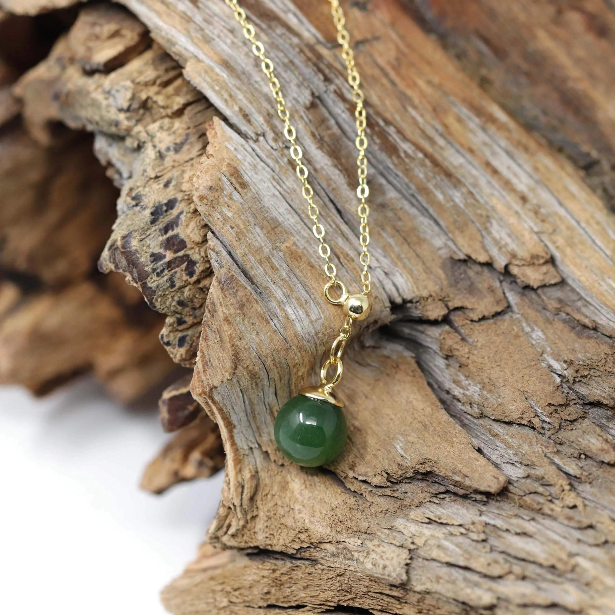 RealJade® "Classic Dangle" Gold plated Silver Nephrite Green Jade Classic Bead Adjustable  Pendant Necklace