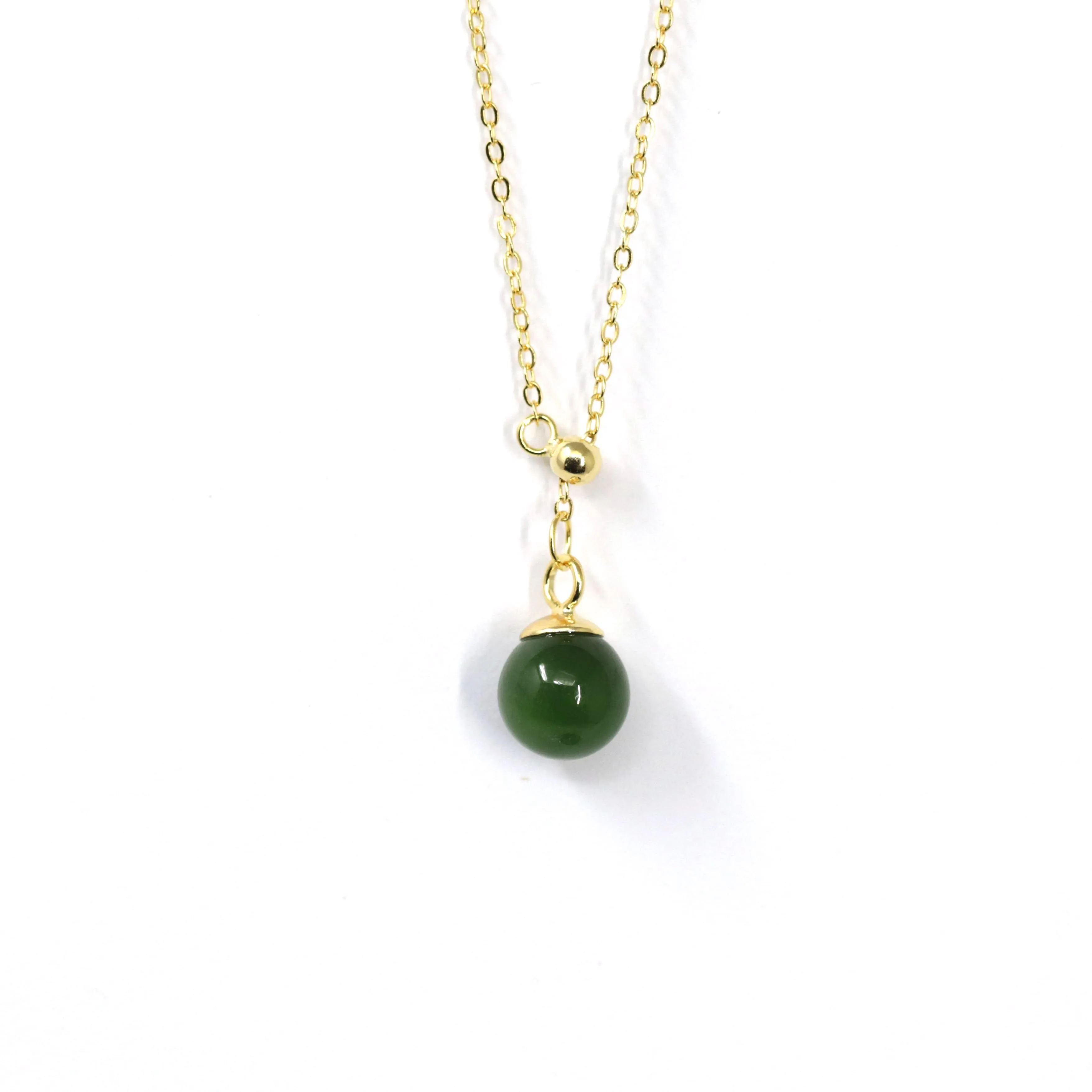 RealJade® "Classic Dangle" Gold plated Silver Nephrite Green Jade Classic Bead Adjustable  Pendant Necklace