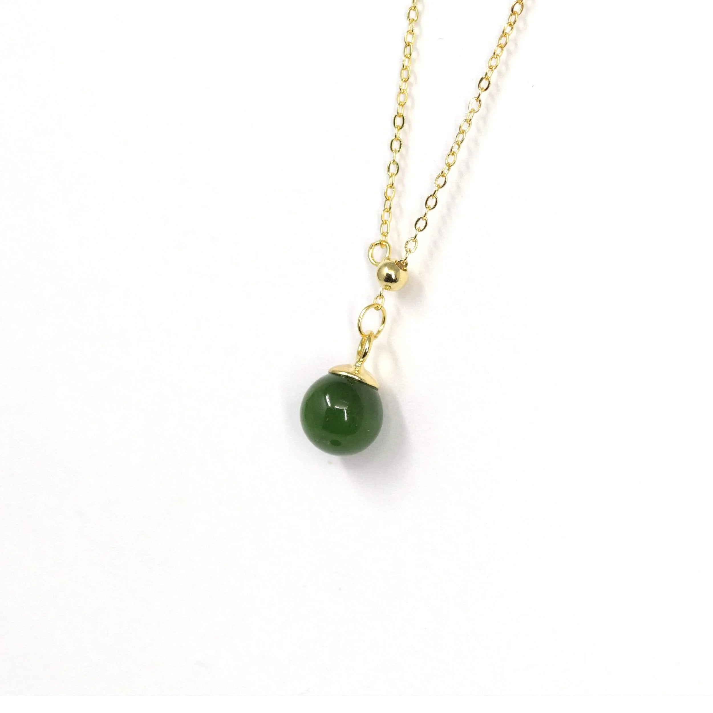 RealJade® "Classic Dangle" Gold plated Silver Nephrite Green Jade Classic Bead Adjustable  Pendant Necklace