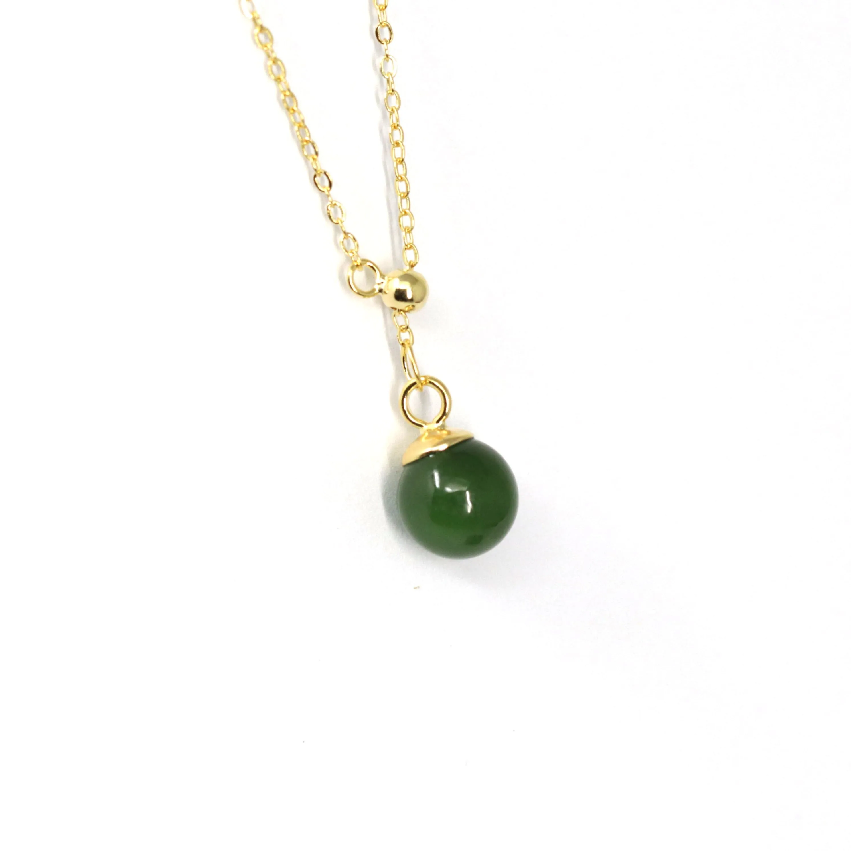 RealJade® "Classic Dangle" Gold plated Silver Nephrite Green Jade Classic Bead Adjustable  Pendant Necklace