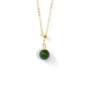RealJade® "Classic Dangle" Gold plated Silver Nephrite Green Jade Classic Bead Adjustable  Pendant Necklace