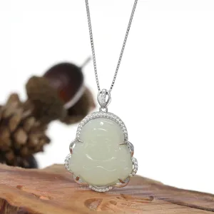RealJade® "Laughing Buddha" Genuine Nephrite White Jade (high quality) Buddha Pendant Necklace