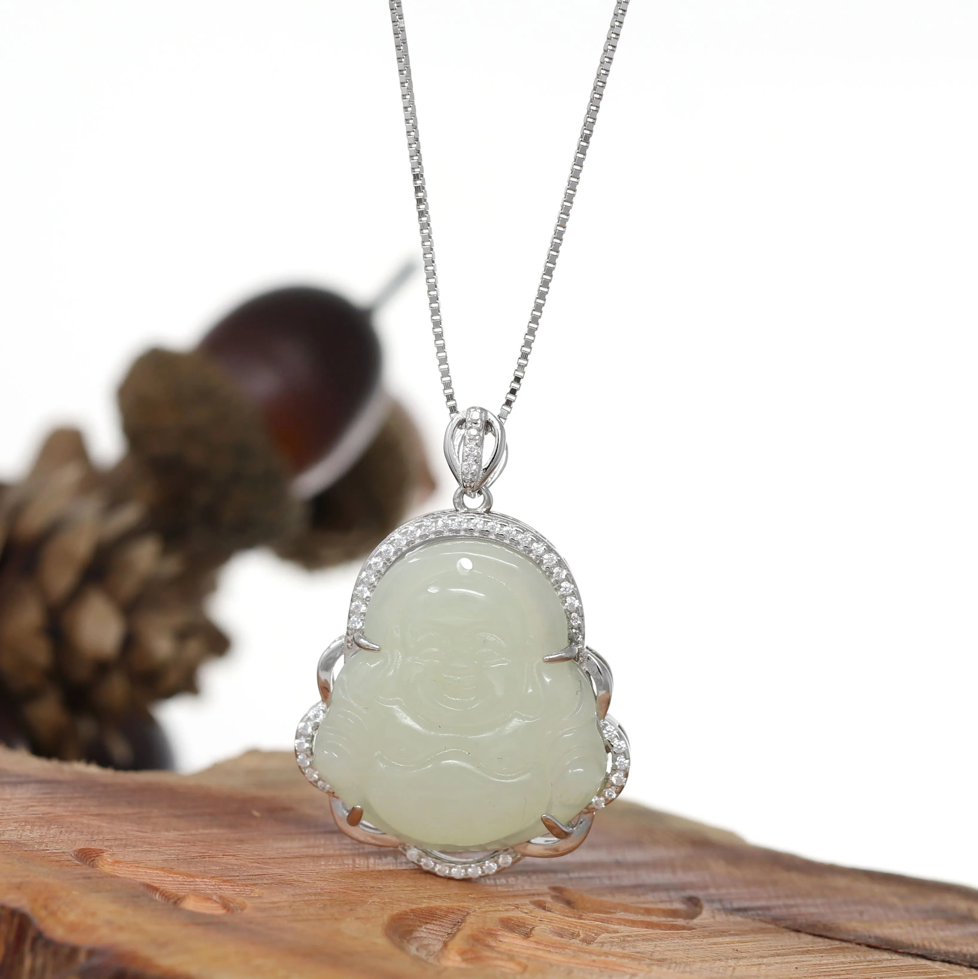 RealJade® "Laughing Buddha" Genuine Nephrite White Jade (high quality) Buddha Pendant Necklace