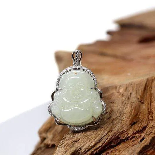 RealJade® "Laughing Buddha" Genuine Nephrite White Jade (high quality) Buddha Pendant Necklace