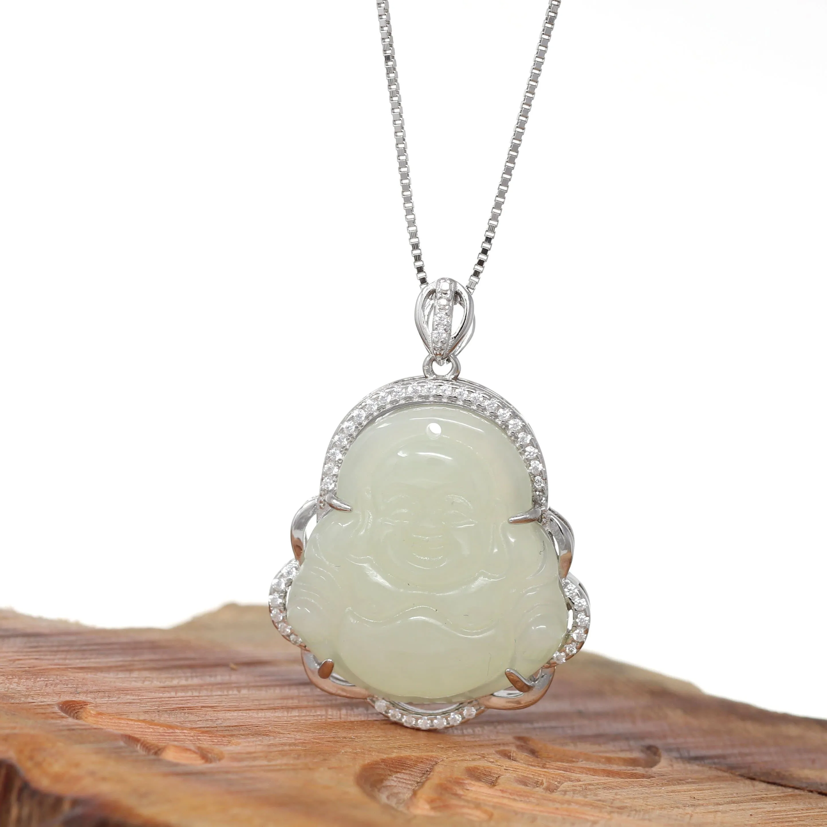 RealJade® "Laughing Buddha" Genuine Nephrite White Jade (high quality) Buddha Pendant Necklace