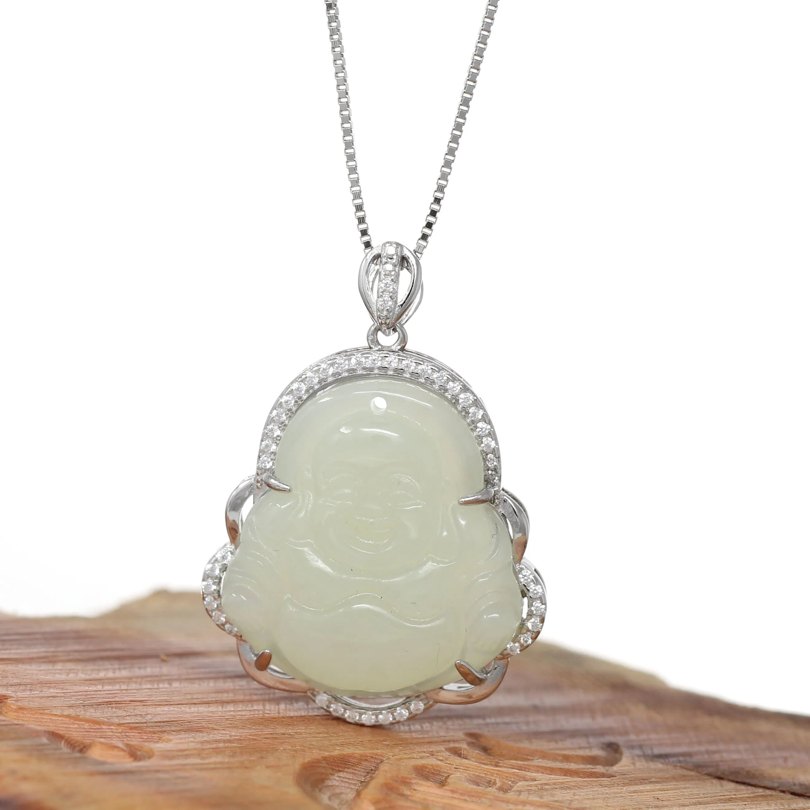 RealJade® "Laughing Buddha" Genuine Nephrite White Jade (high quality) Buddha Pendant Necklace