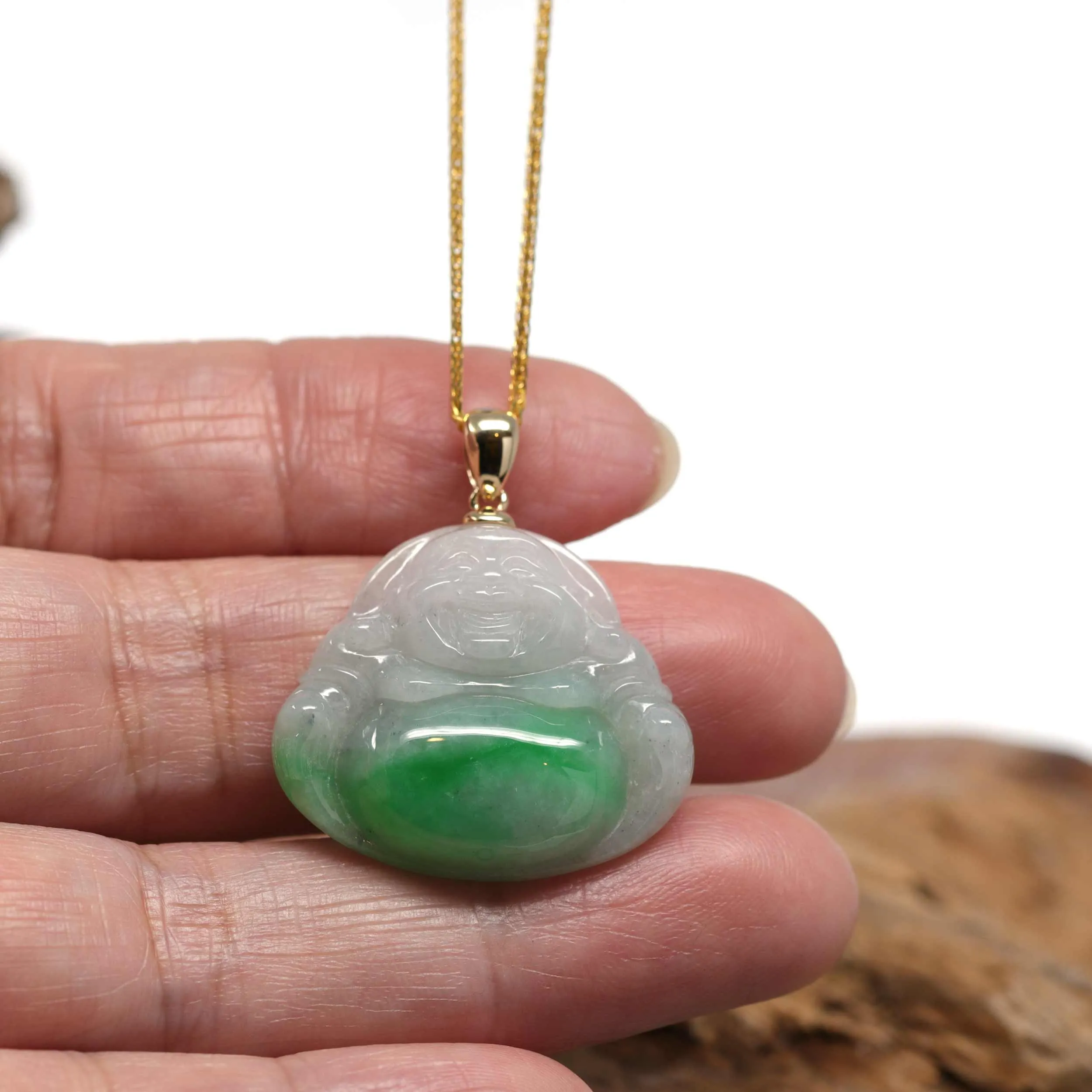RealJade® "Laughing Buddha" Genuine Rich Green Jadeite Buddha Pendant Necklace With 14k Yellow Gold Bail