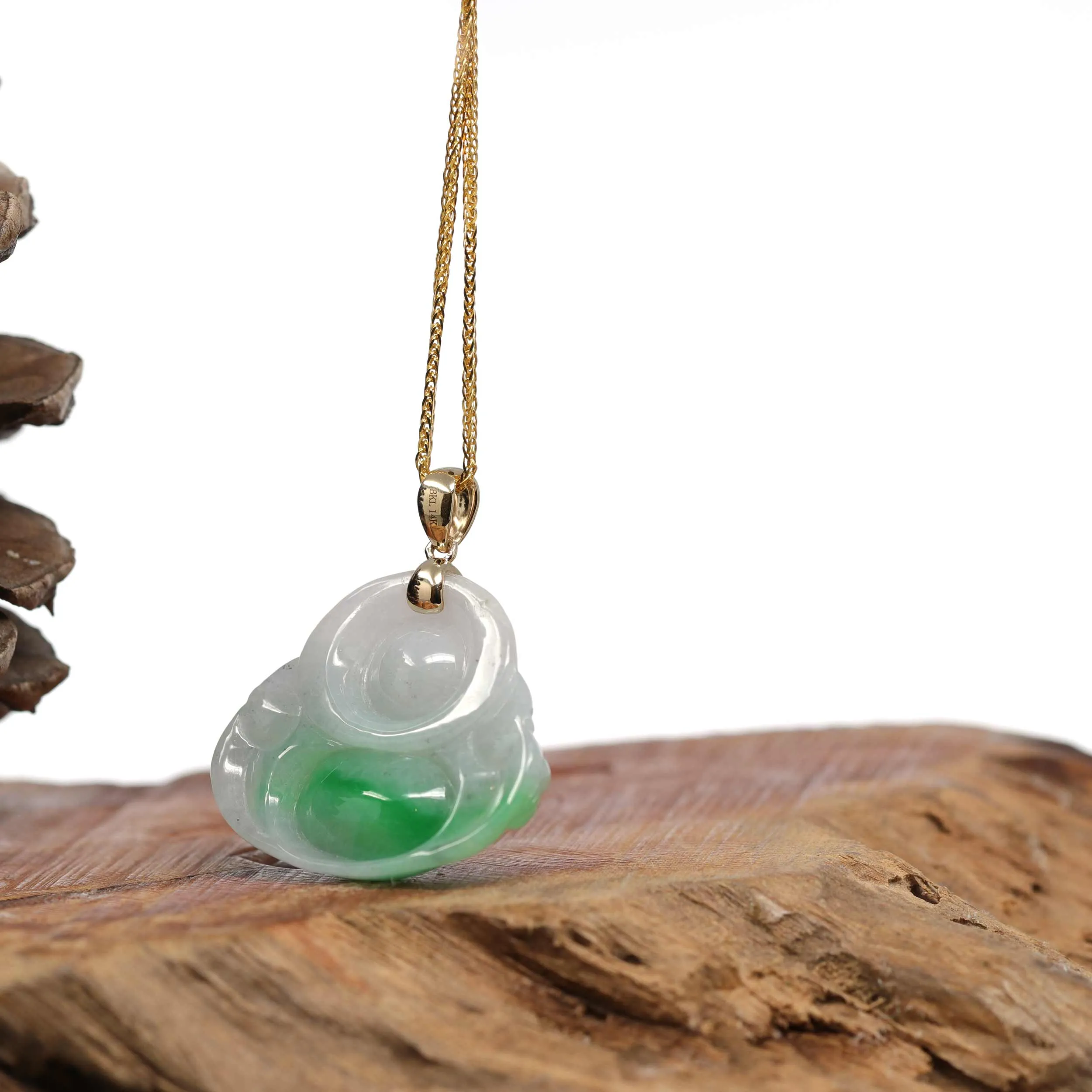 RealJade® "Laughing Buddha" Genuine Rich Green Jadeite Buddha Pendant Necklace With 14k Yellow Gold Bail