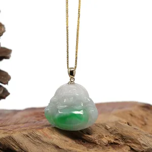 RealJade® "Laughing Buddha" Genuine Rich Green Jadeite Buddha Pendant Necklace With 14k Yellow Gold Bail