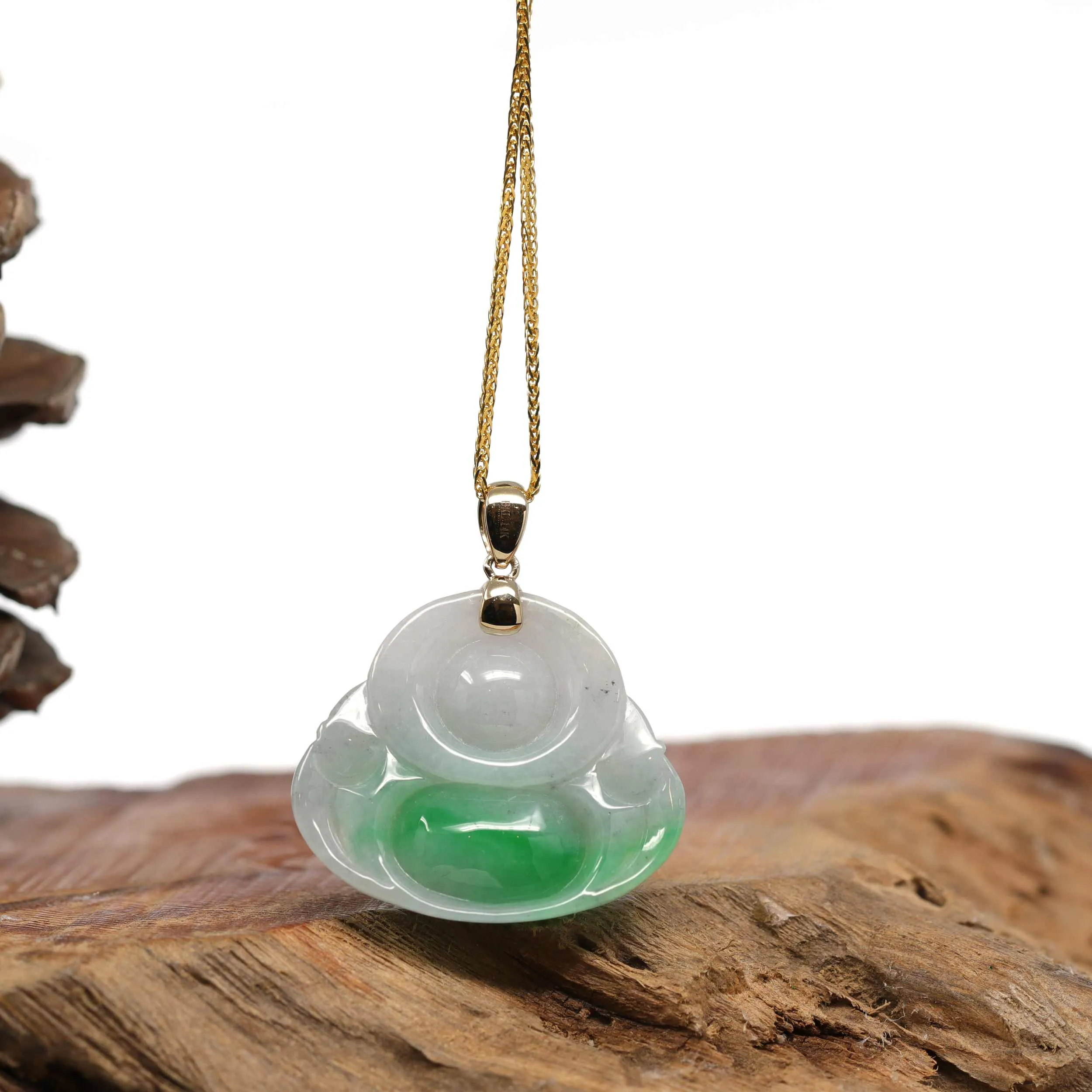 RealJade® "Laughing Buddha" Genuine Rich Green Jadeite Buddha Pendant Necklace With 14k Yellow Gold Bail