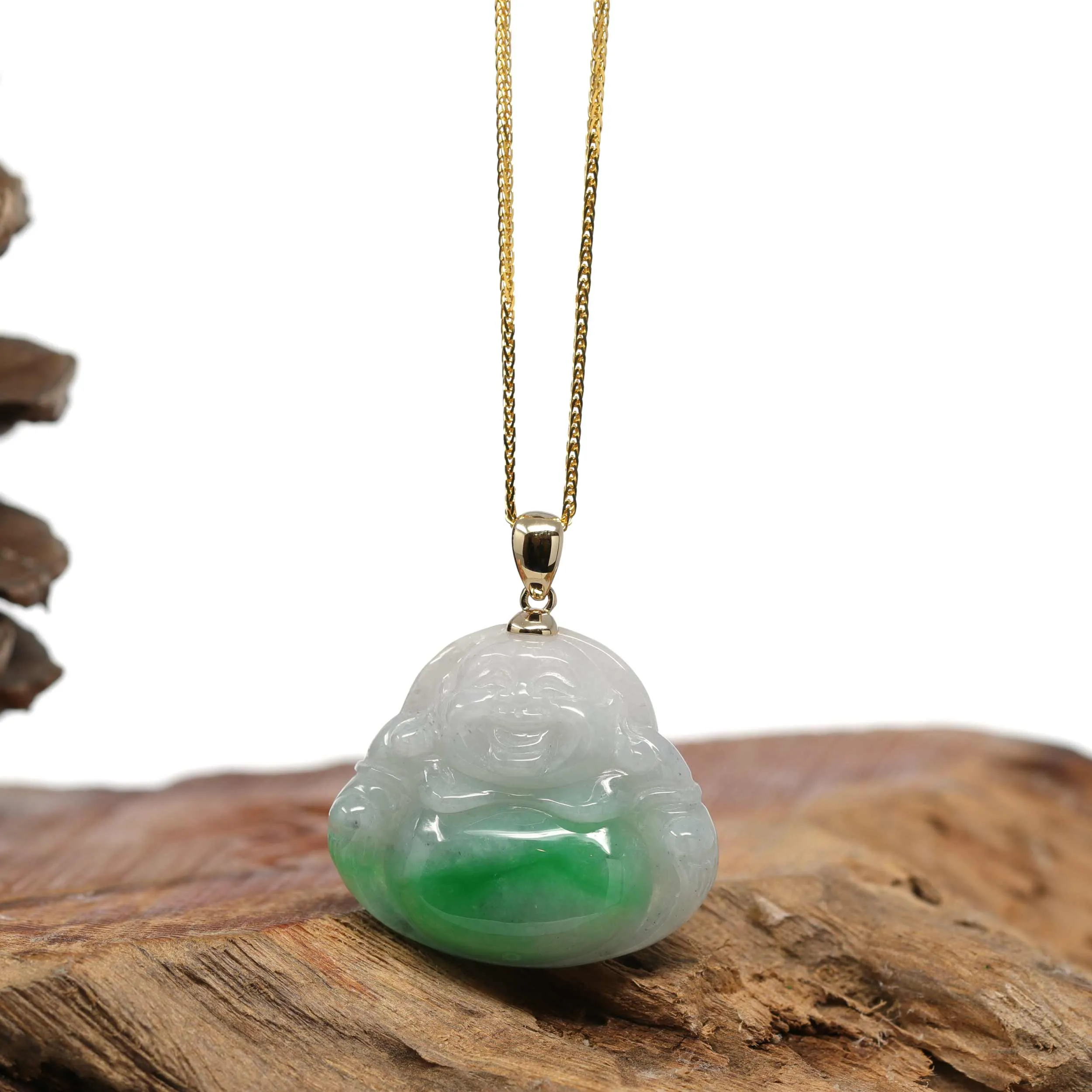 RealJade® "Laughing Buddha" Genuine Rich Green Jadeite Buddha Pendant Necklace With 14k Yellow Gold Bail
