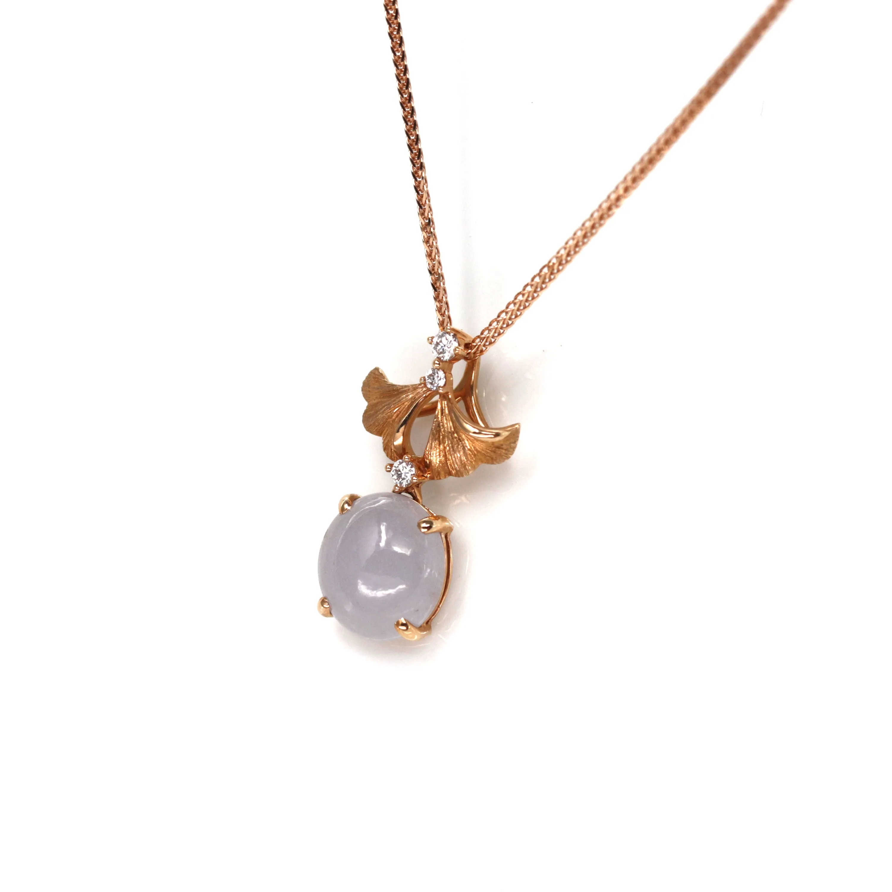 RealJade® "Lavender Ginkgo Leaf "18k Rose Gold Lavender Jadeite Jade Diamond Pendant Necklace