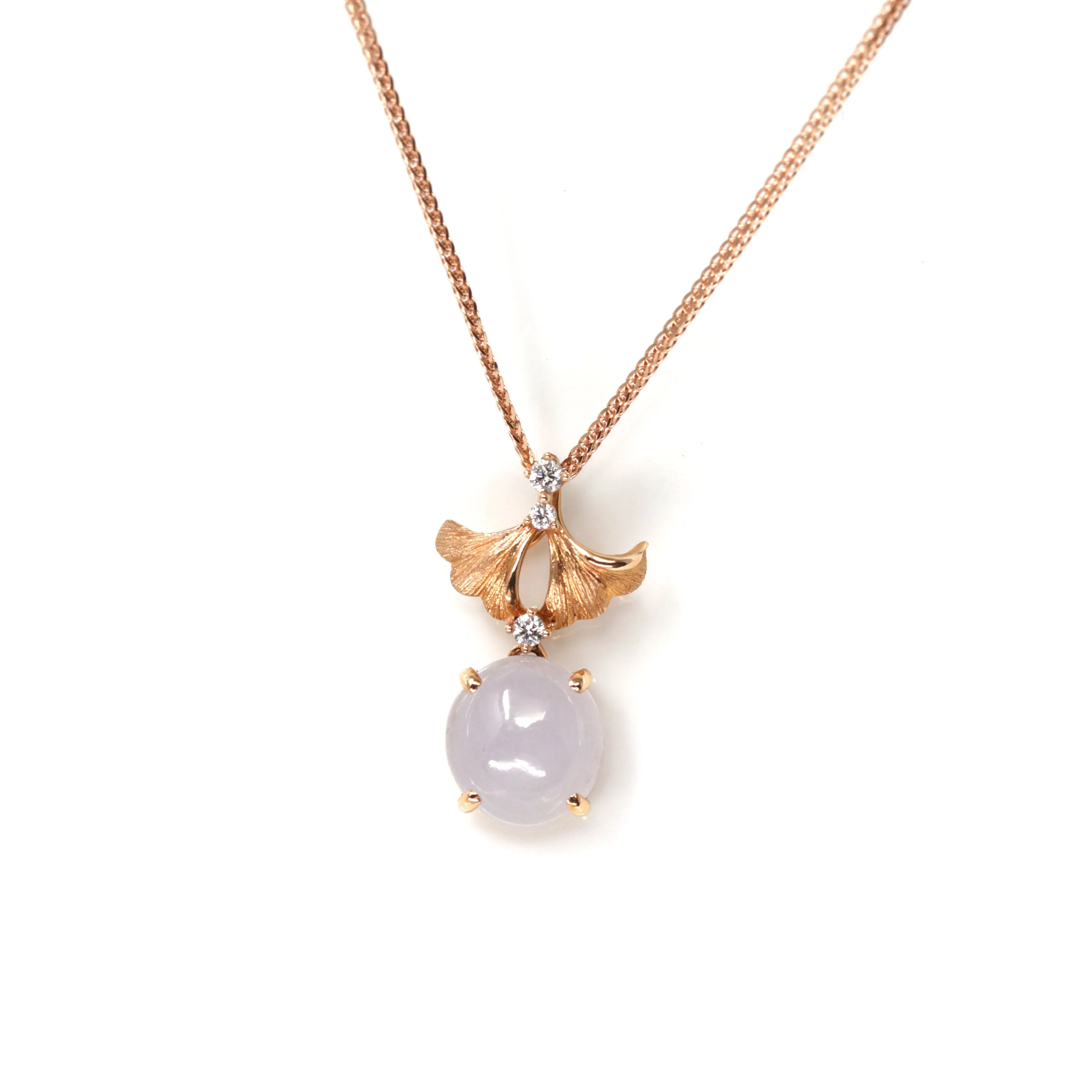 RealJade® "Lavender Ginkgo Leaf "18k Rose Gold Lavender Jadeite Jade Diamond Pendant Necklace