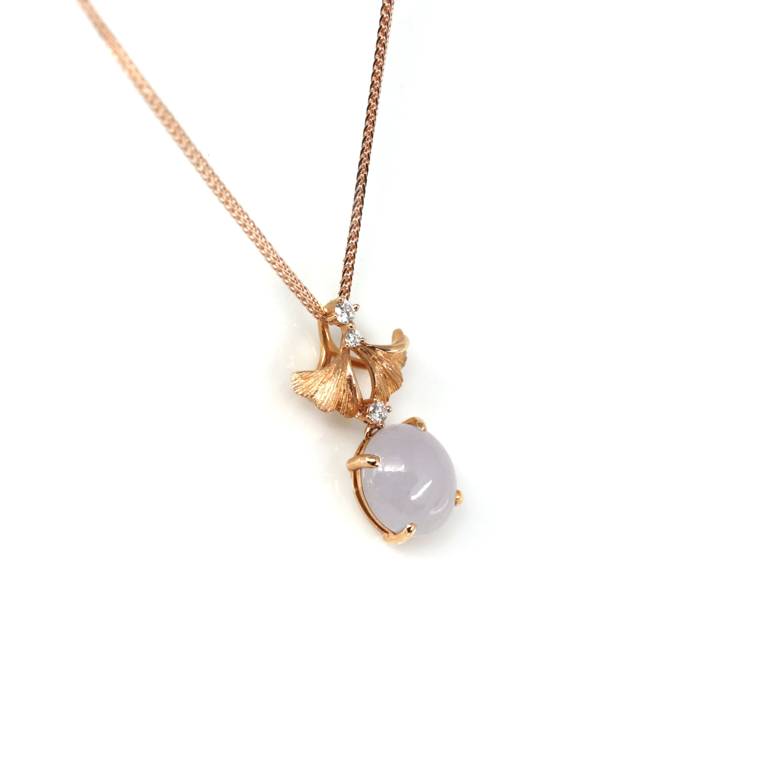 RealJade® "Lavender Ginkgo Leaf "18k Rose Gold Lavender Jadeite Jade Diamond Pendant Necklace