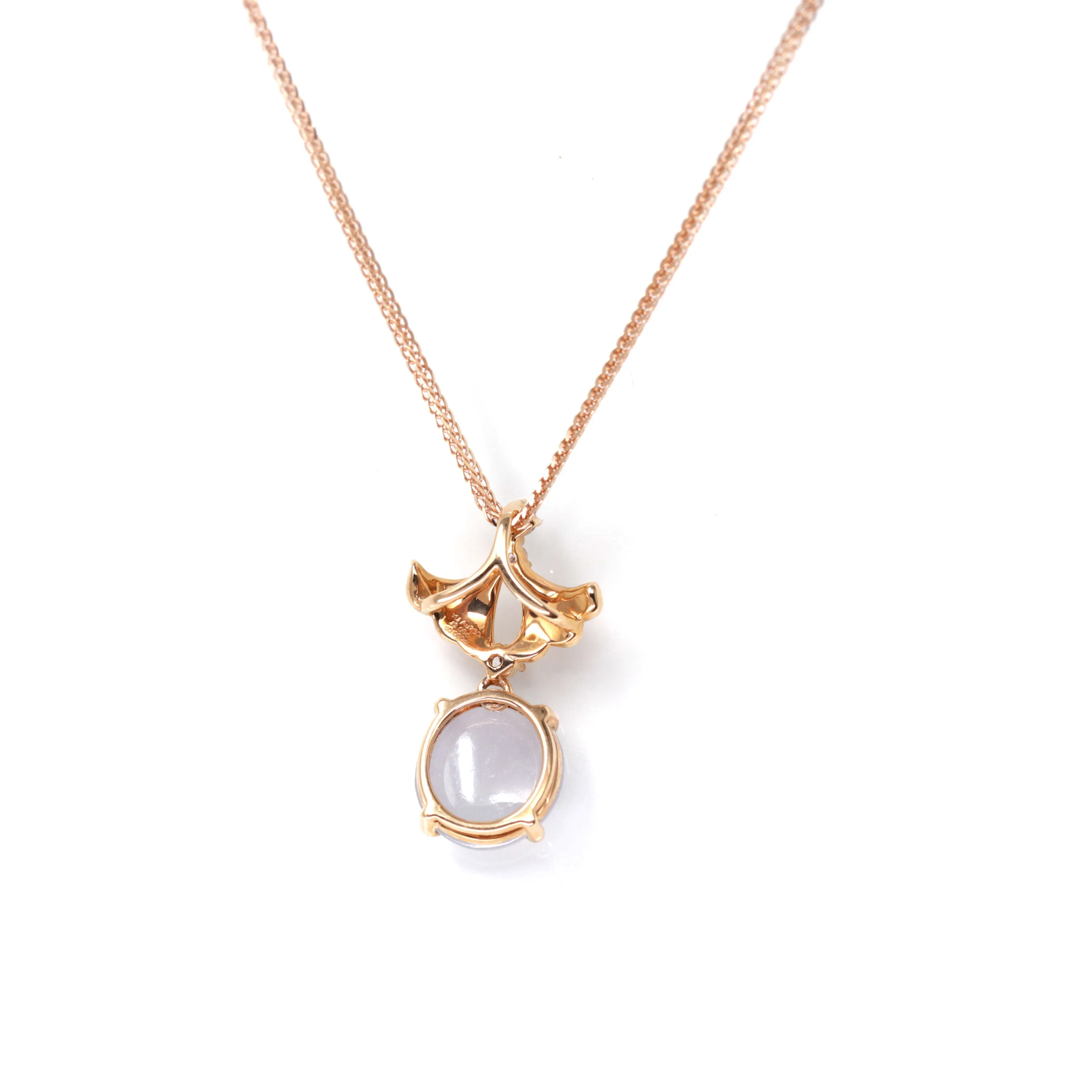 RealJade® "Lavender Ginkgo Leaf "18k Rose Gold Lavender Jadeite Jade Diamond Pendant Necklace