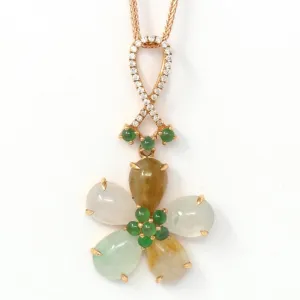 RealJade® "Multi-colored flower" 18k Rose Gold Genuine Mixed Color Burmese Jadeite Lucky Flower Necklace