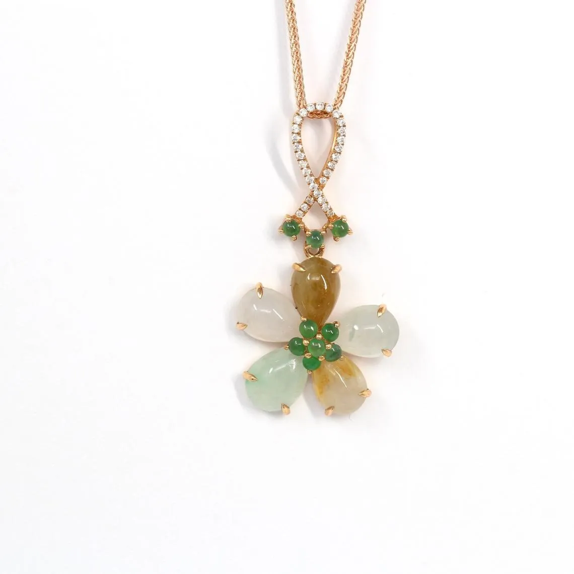 RealJade® "Multi-colored flower" 18k Rose Gold Genuine Mixed Color Burmese Jadeite Lucky Flower Necklace