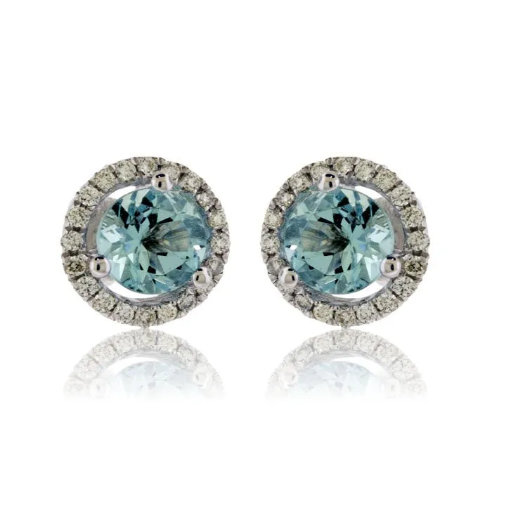 Round Aquamarine and Diamond Halo Stud Earrings